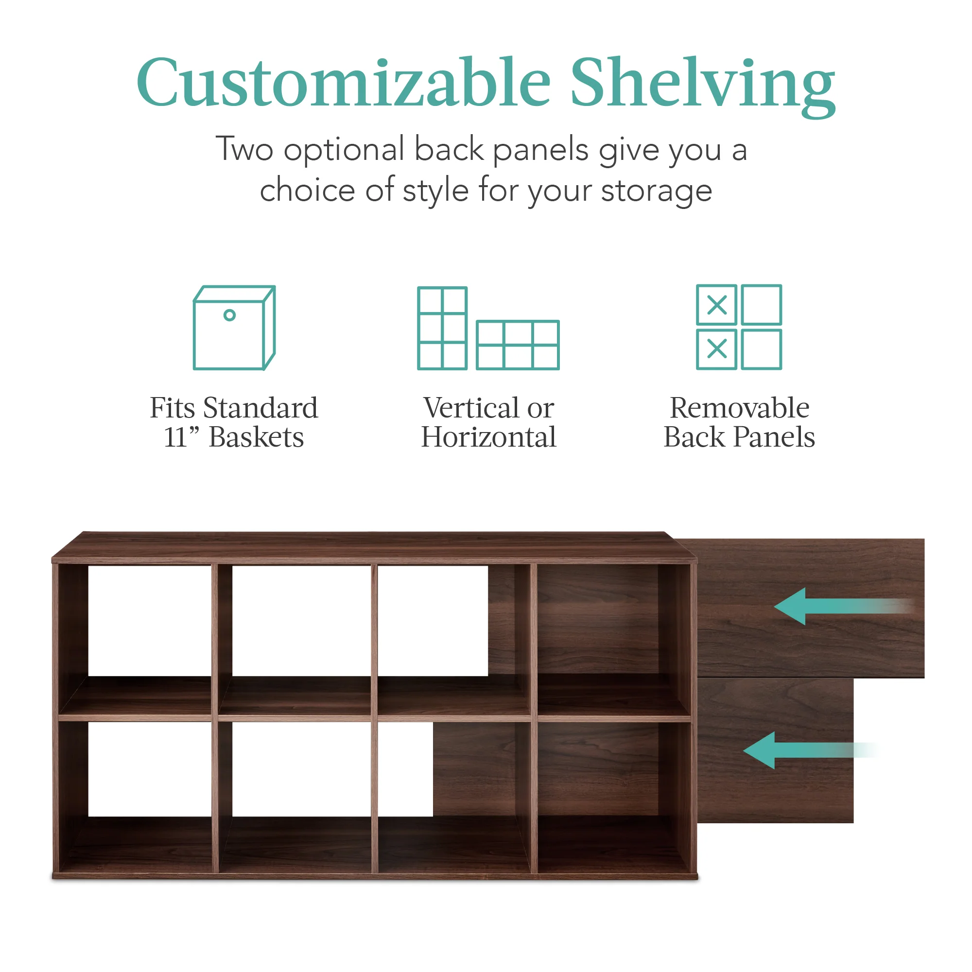 8-Cube Bookshelf, 11in Storage Display w/ Removable Panels, Customizable - Image 35