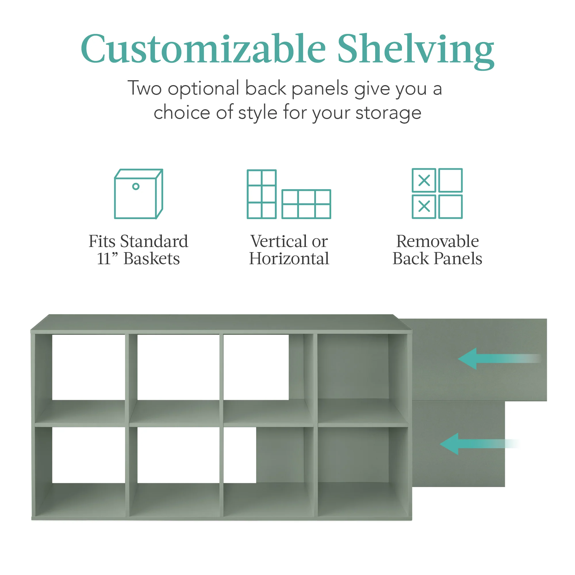 8-Cube Bookshelf, 11in Storage Display w/ Removable Panels, Customizable - Image 59