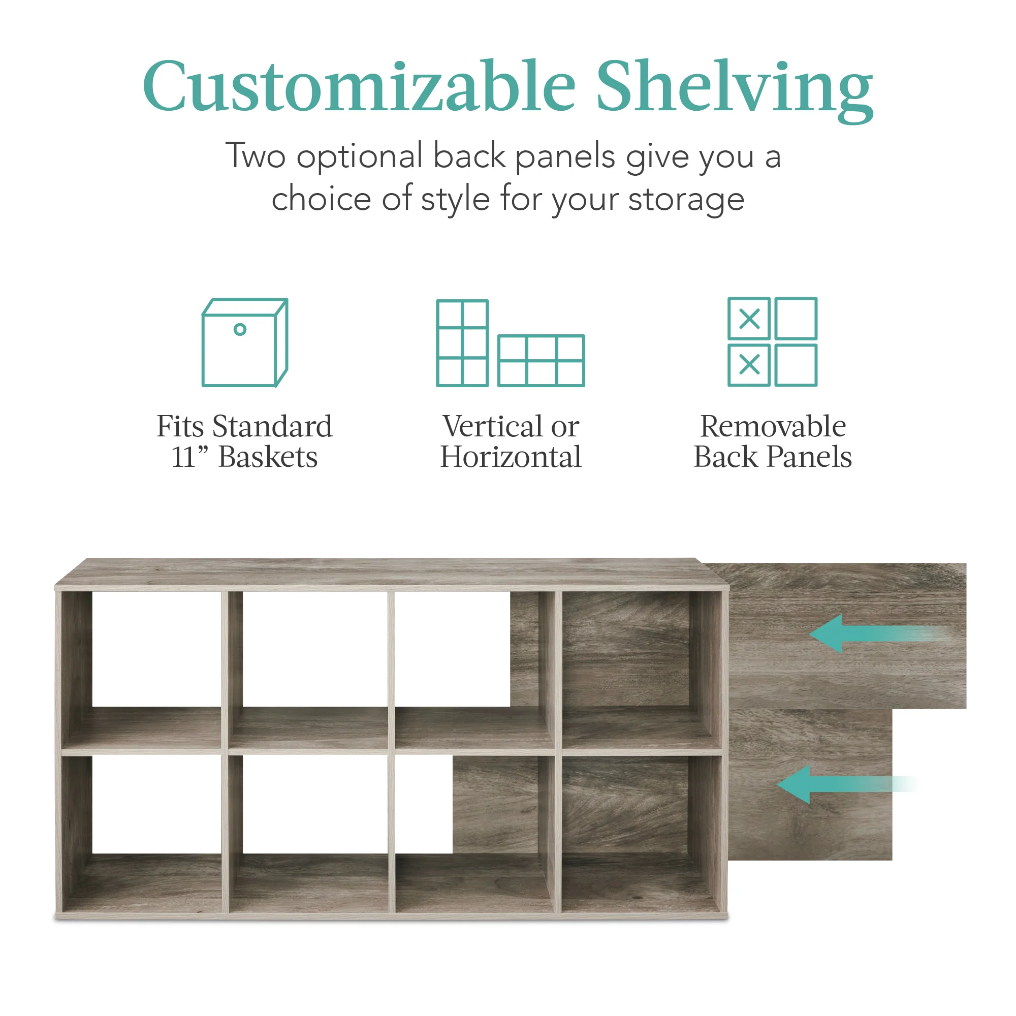 8-Cube Bookshelf, 11in Storage Display w/ Removable Panels, Customizable - Image 75