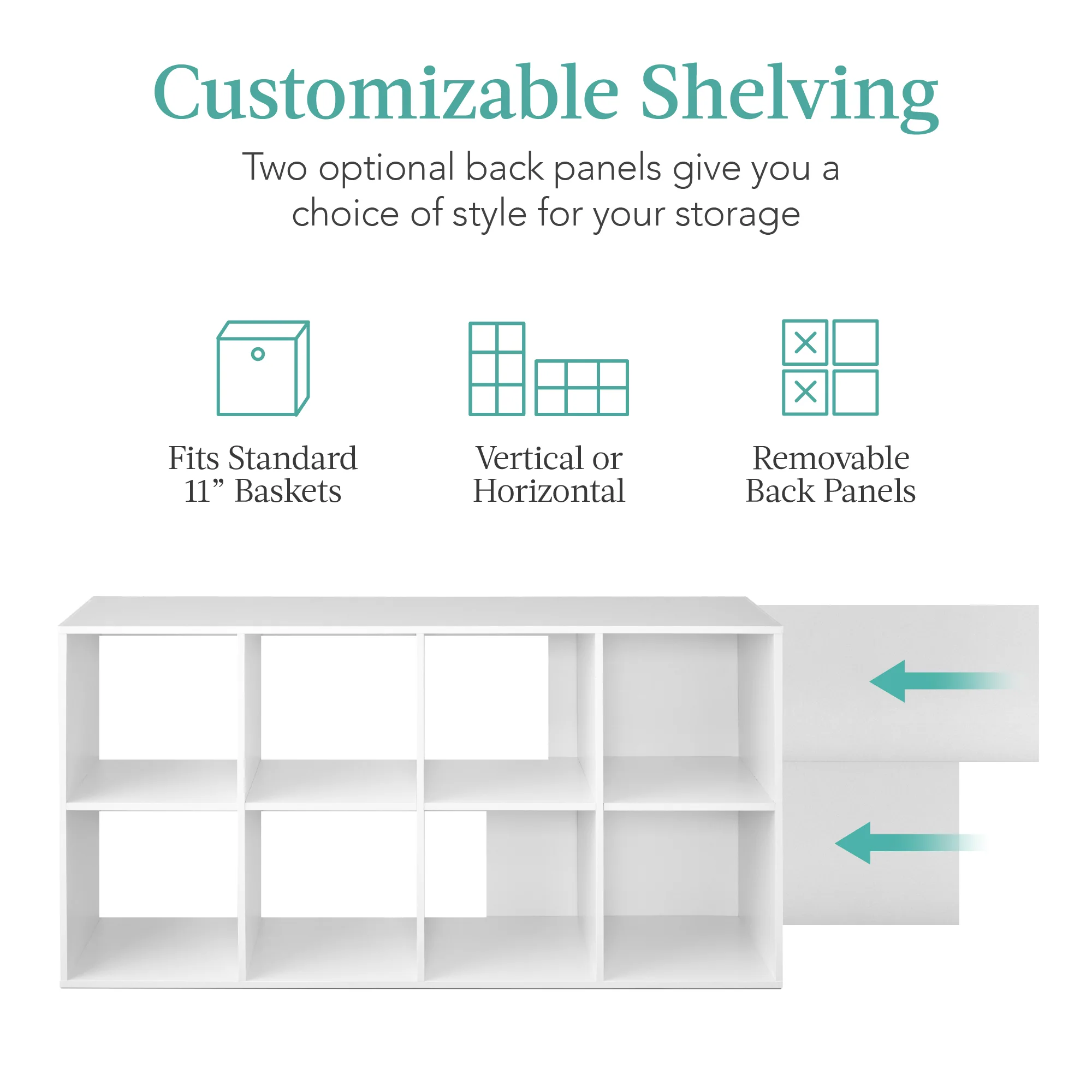 8-Cube Bookshelf, 11in Storage Display w/ Removable Panels, Customizable - Image 83