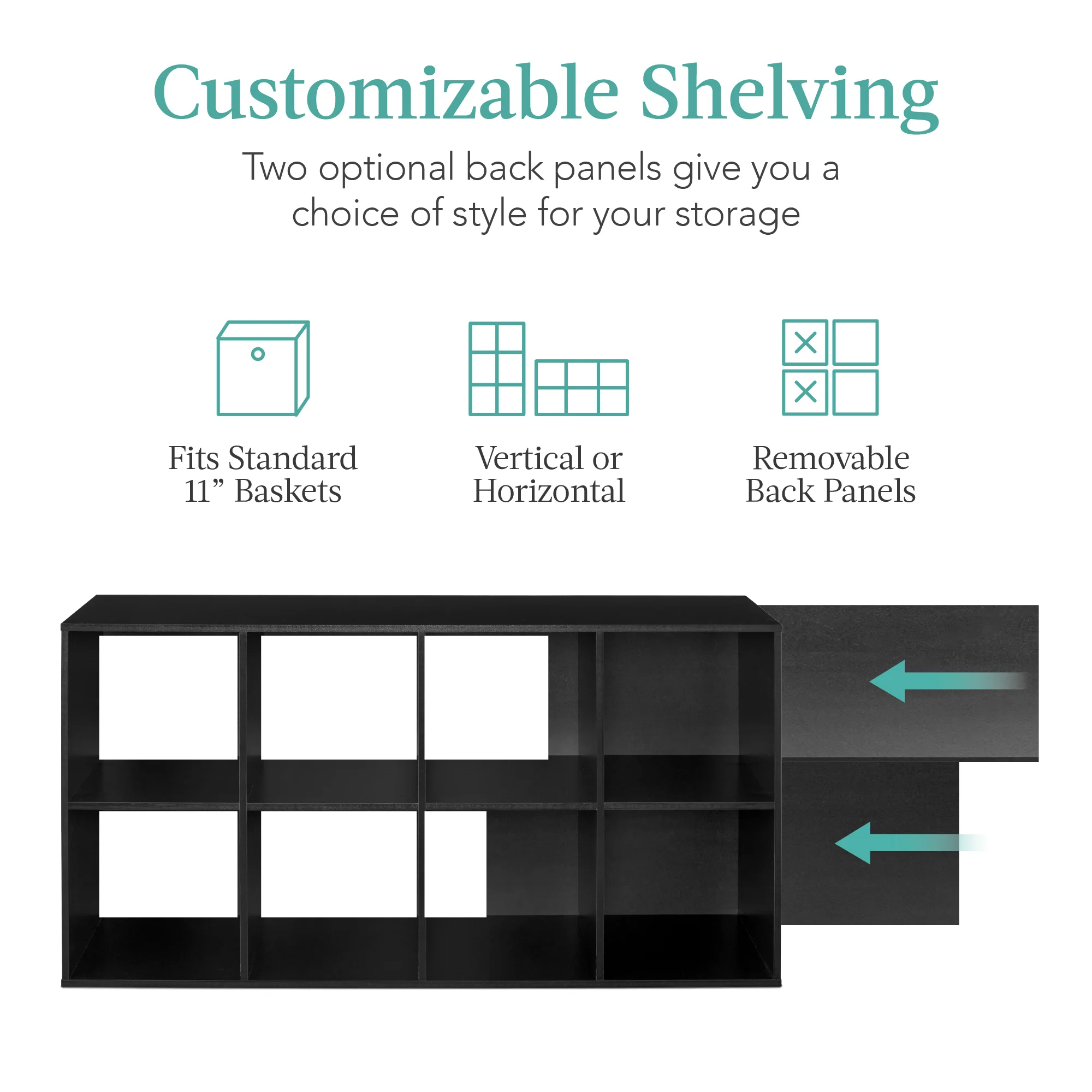 8-Cube Bookshelf, 11in Storage Display w/ Removable Panels, Customizable - Image 91