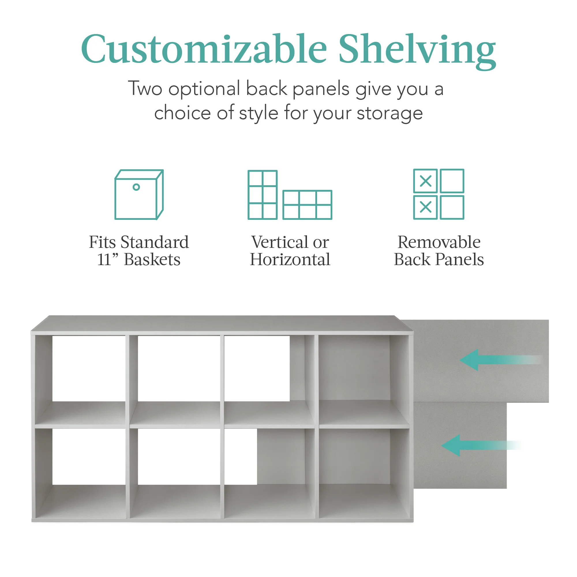 8-Cube Bookshelf, 11in Storage Display w/ Removable Panels, Customizable - Image 99