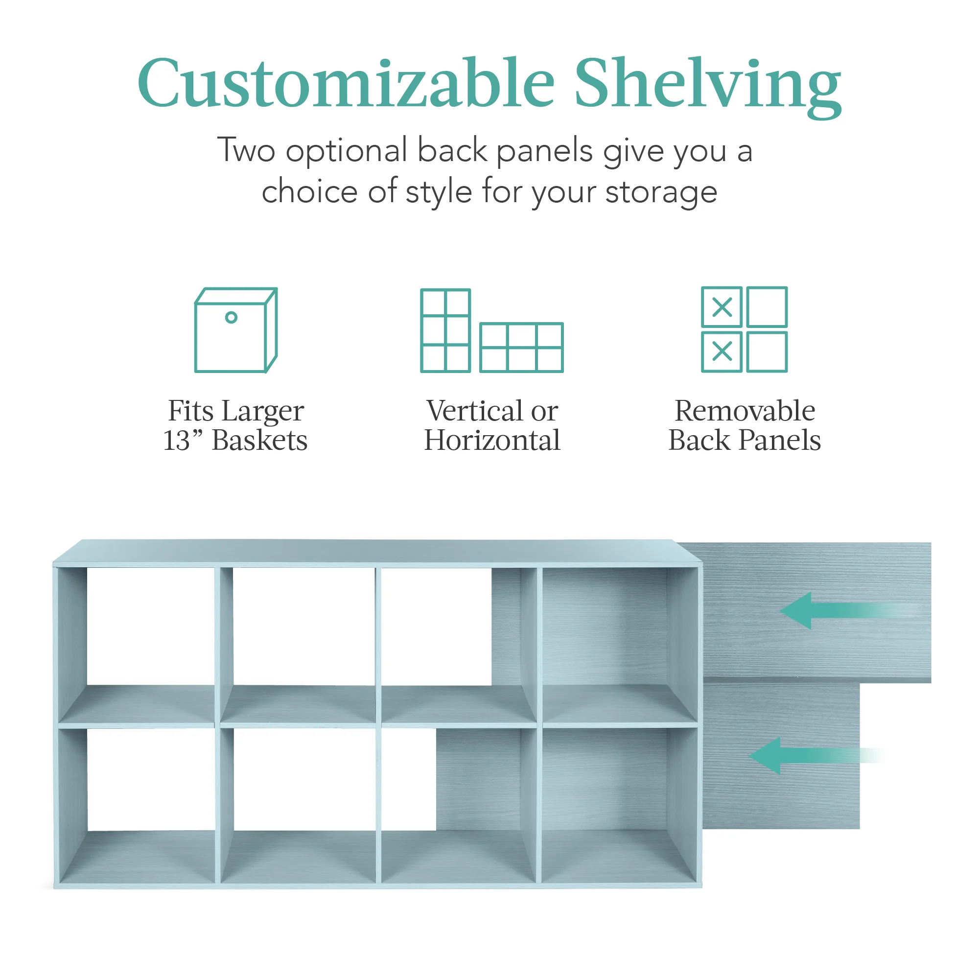 8-Cube Bookshelf, 13.5in Storage Display w/ Removable Panels, Customizable - Image 19