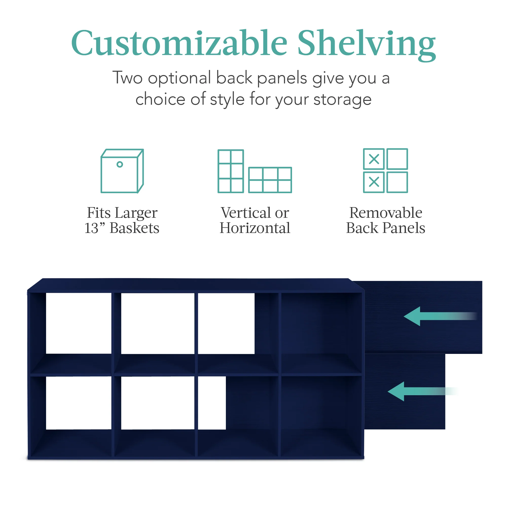 8-Cube Bookshelf, 13.5in Storage Display w/ Removable Panels, Customizable - Image 3