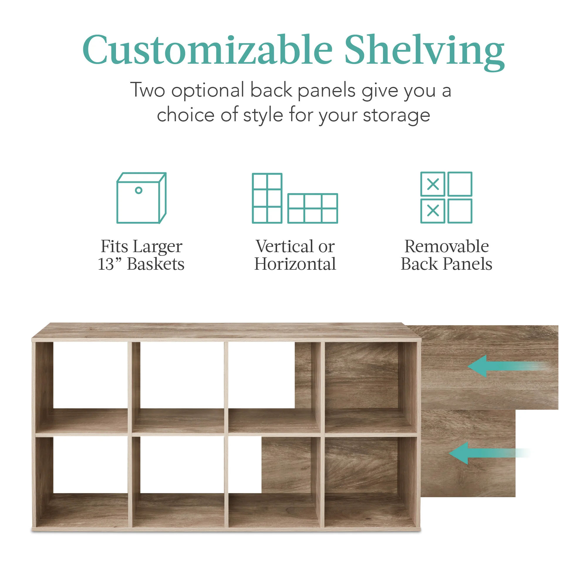8-Cube Bookshelf, 13.5in Storage Display w/ Removable Panels, Customizable - Image 99