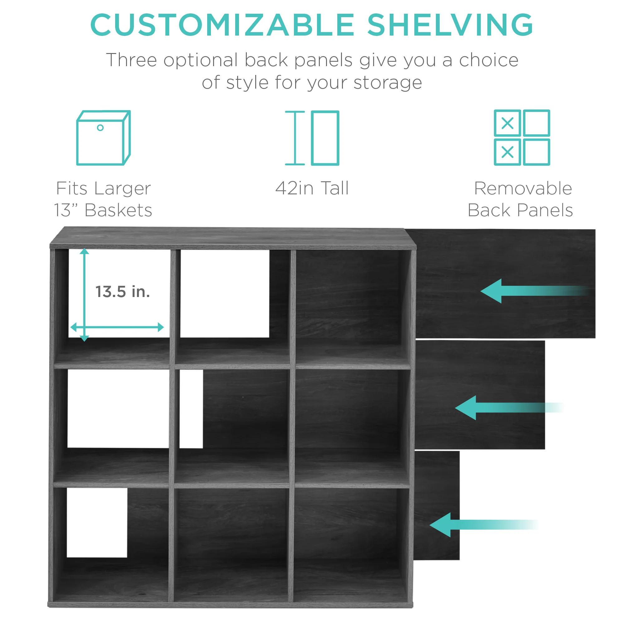 9-Cube Bookshelf, 13.5in Storage Display w/ Removable Panels, Customizable - Image 11