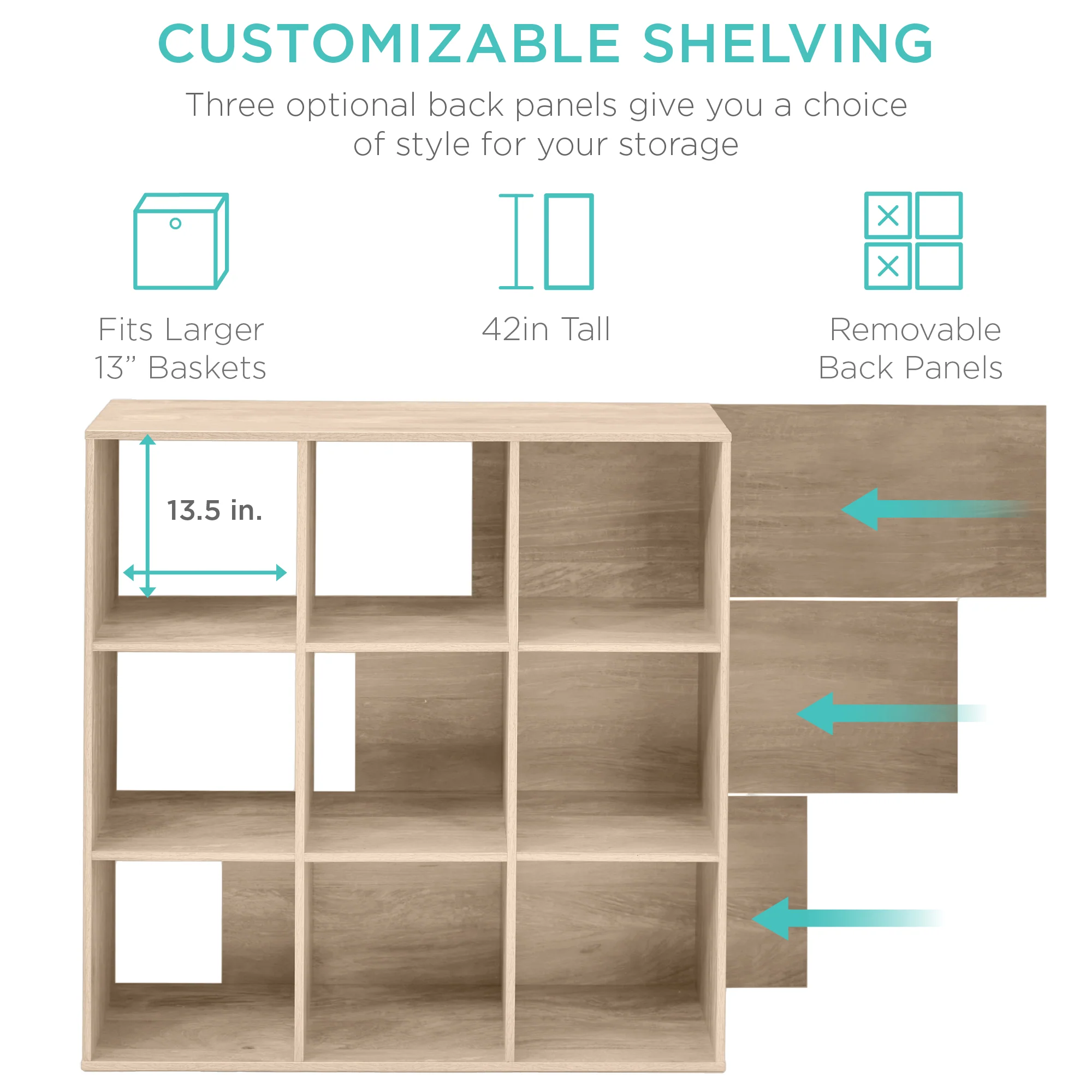 9-Cube Bookshelf, 13.5in Storage Display w/ Removable Panels, Customizable - Image 19