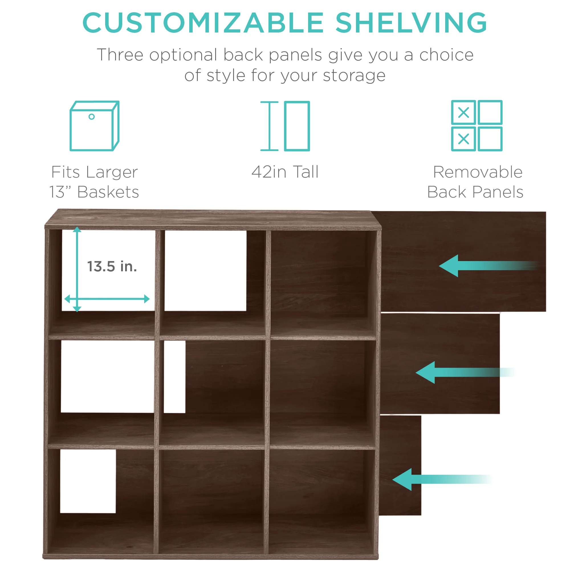 9-Cube Bookshelf, 13.5in Storage Display w/ Removable Panels, Customizable - Image 75