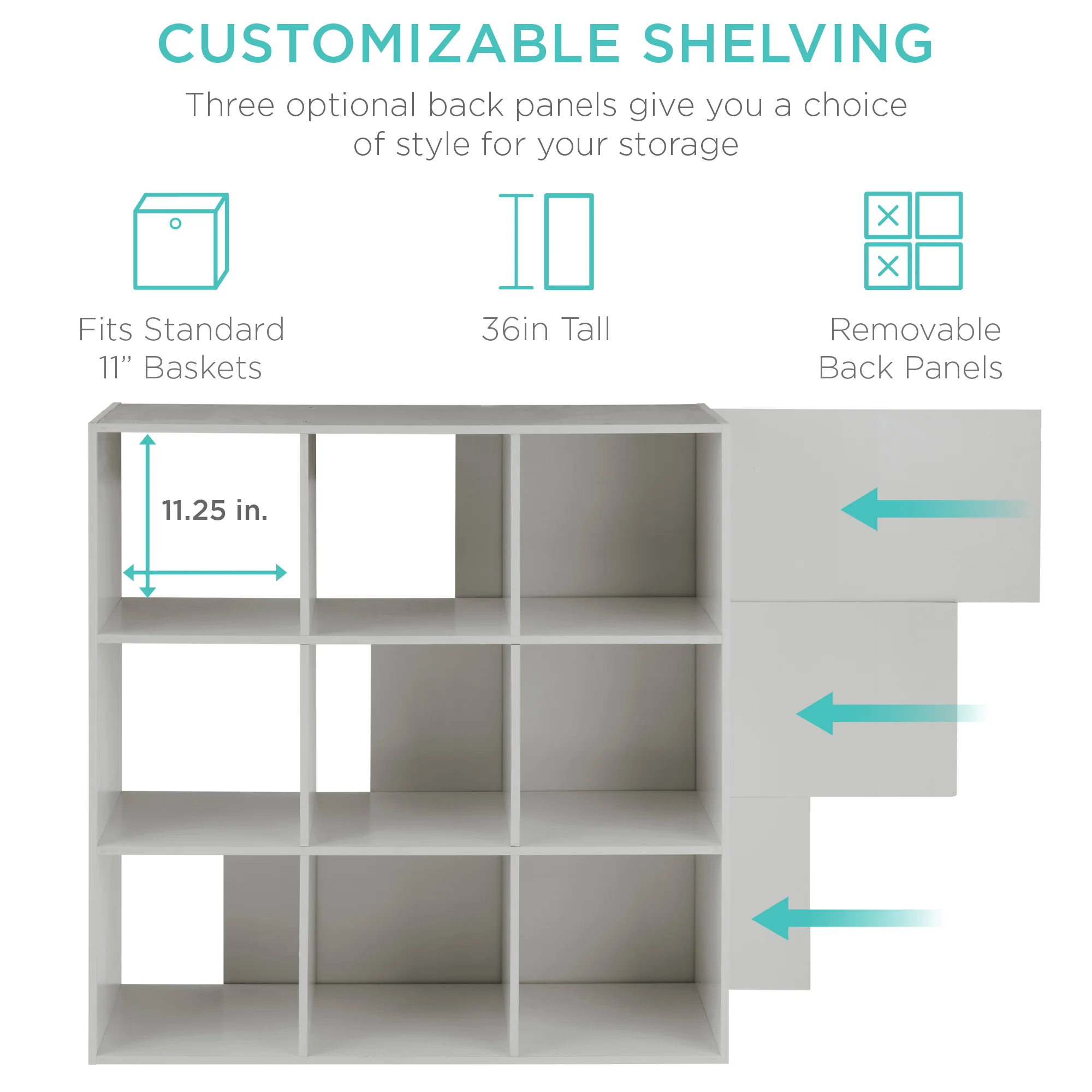 9-Cube Bookshelf Storage Display w/ 3 Removable Panels, Customizable Design - Image 11