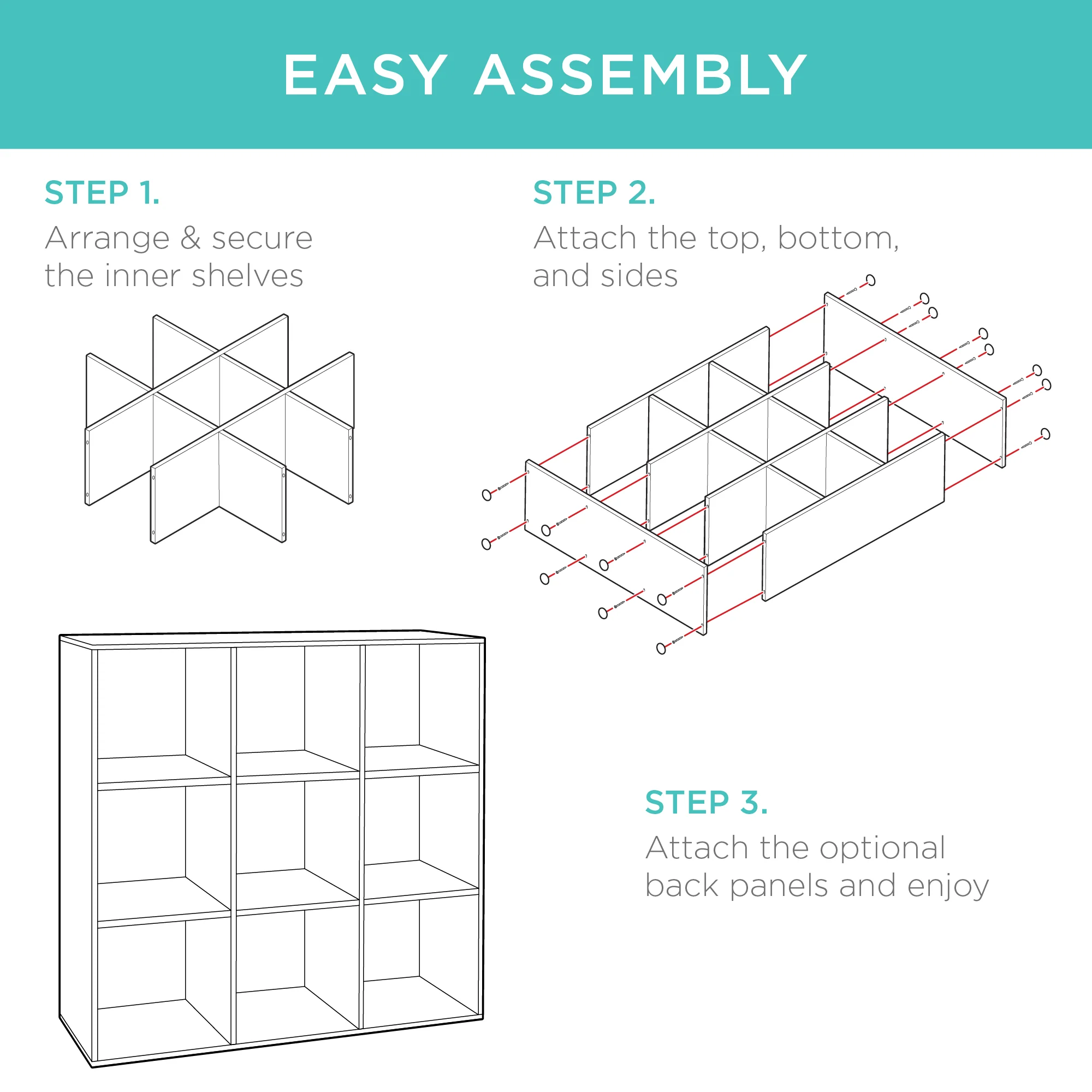 9-Cube Bookshelf Storage Display w/ 3 Removable Panels, Customizable Design - Image 47