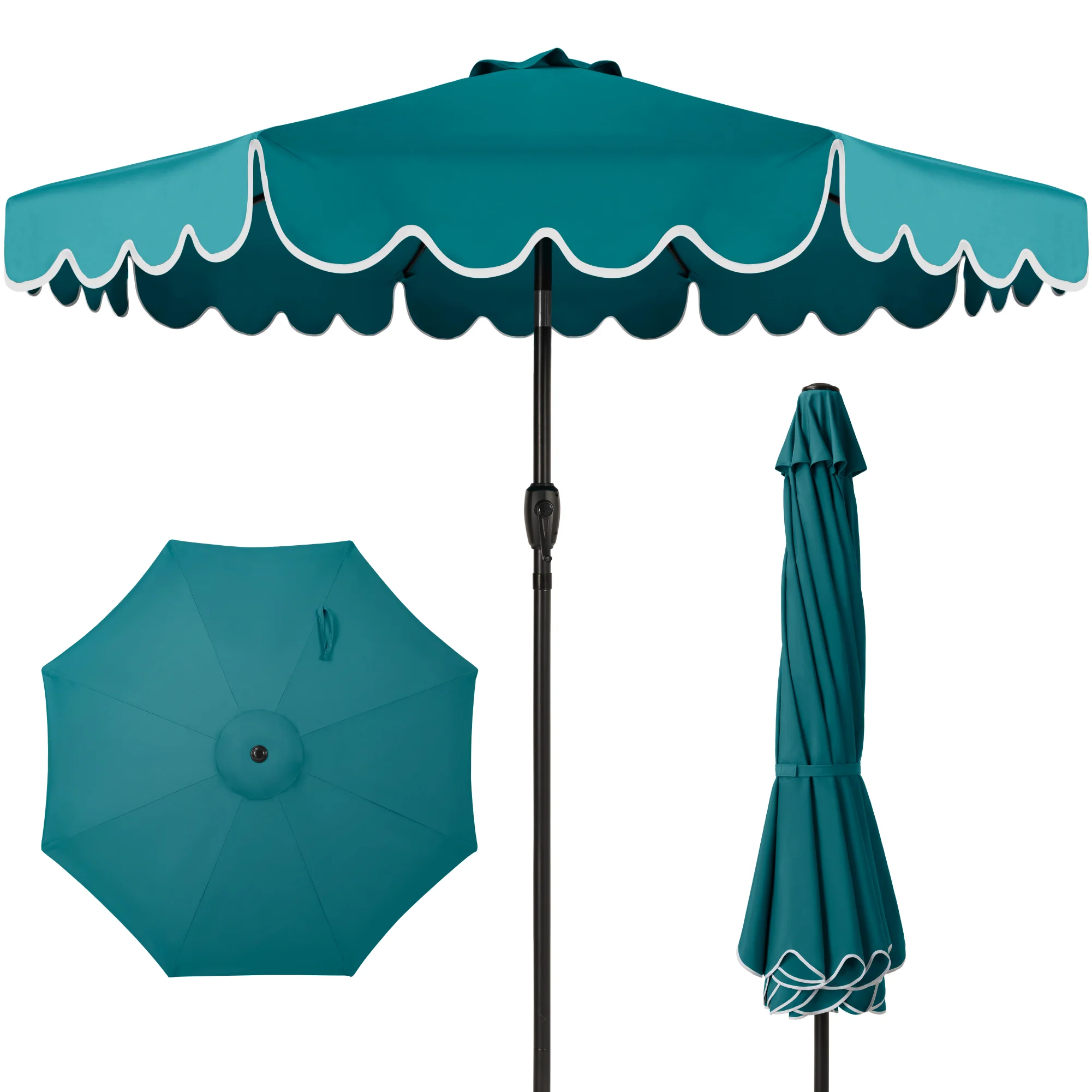 9ft Patio Market Umbrella, Scallop Trim, UV-Fade-Resistant, Crank & Tilt - Image 17