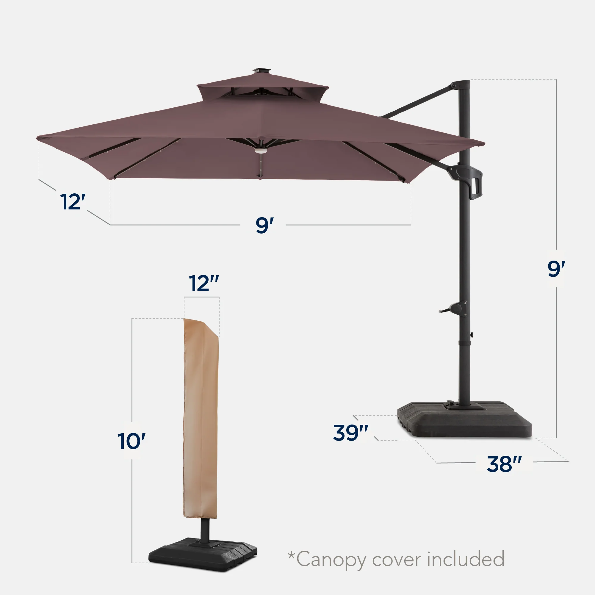 9x12ft 2-Tier Outdoor Solar LED Cantilever Patio Umbrella - Image 122