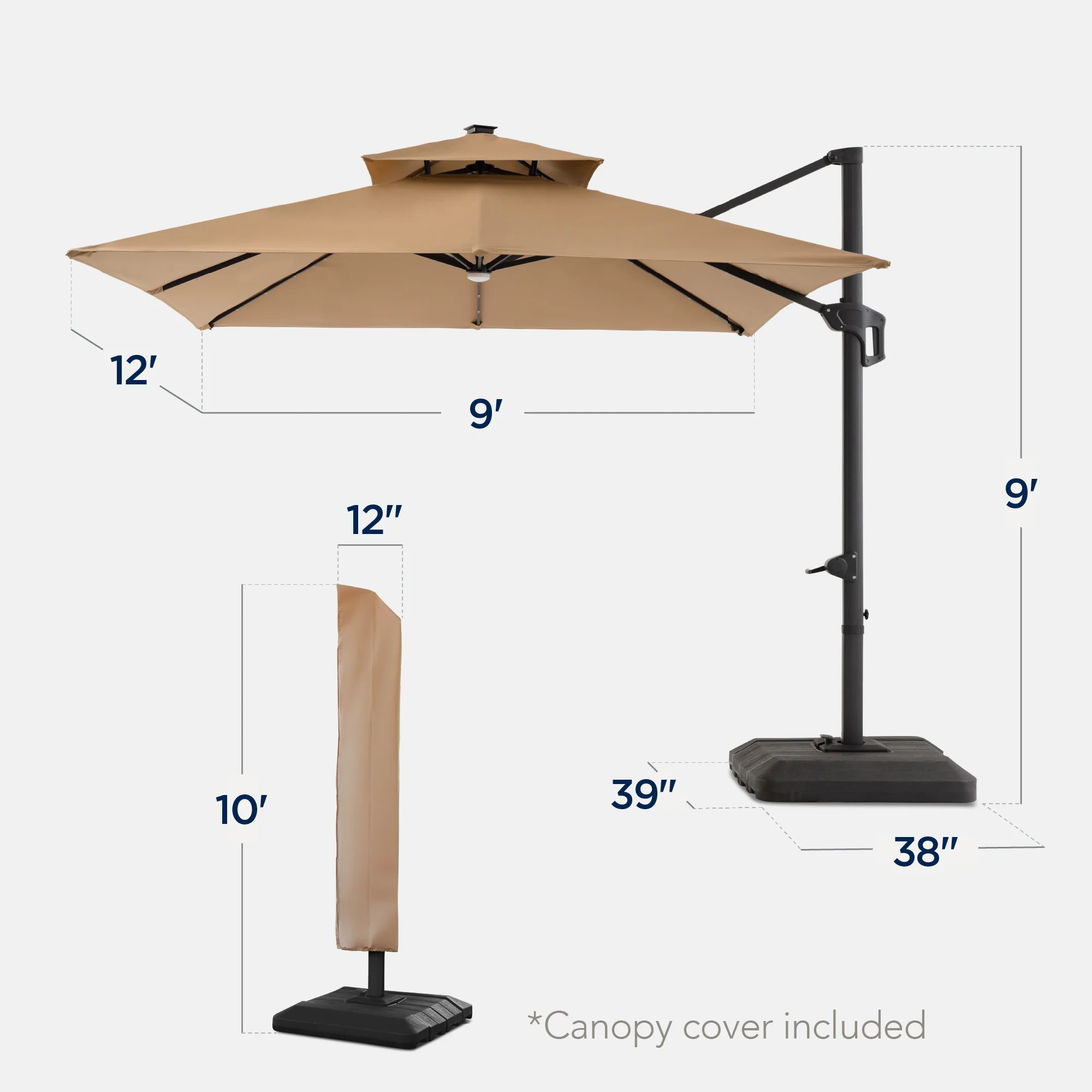 9x12ft 2-Tier Outdoor Solar LED Cantilever Patio Umbrella - Image 50
