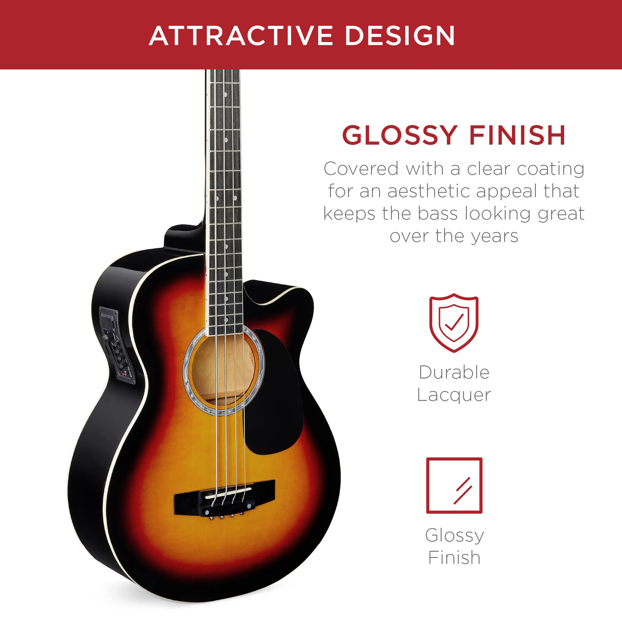 Acoustic Electric Bass Guitar w/ Equalizer, Truss Rod, Padded Gig Bag - Image 53