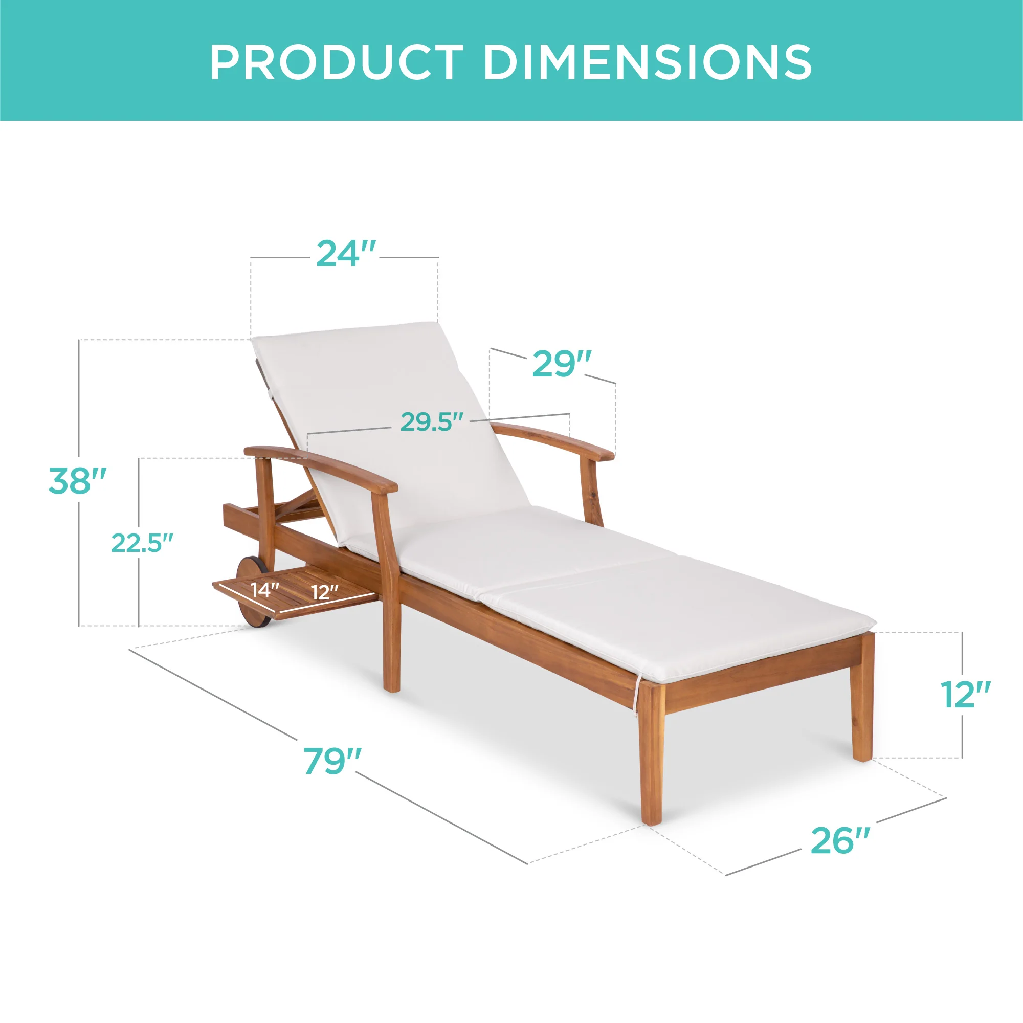Adjustable Acacia Wood Chaise Lounge Chair w/ Side Table, Wheels - 79x26in - Image 14