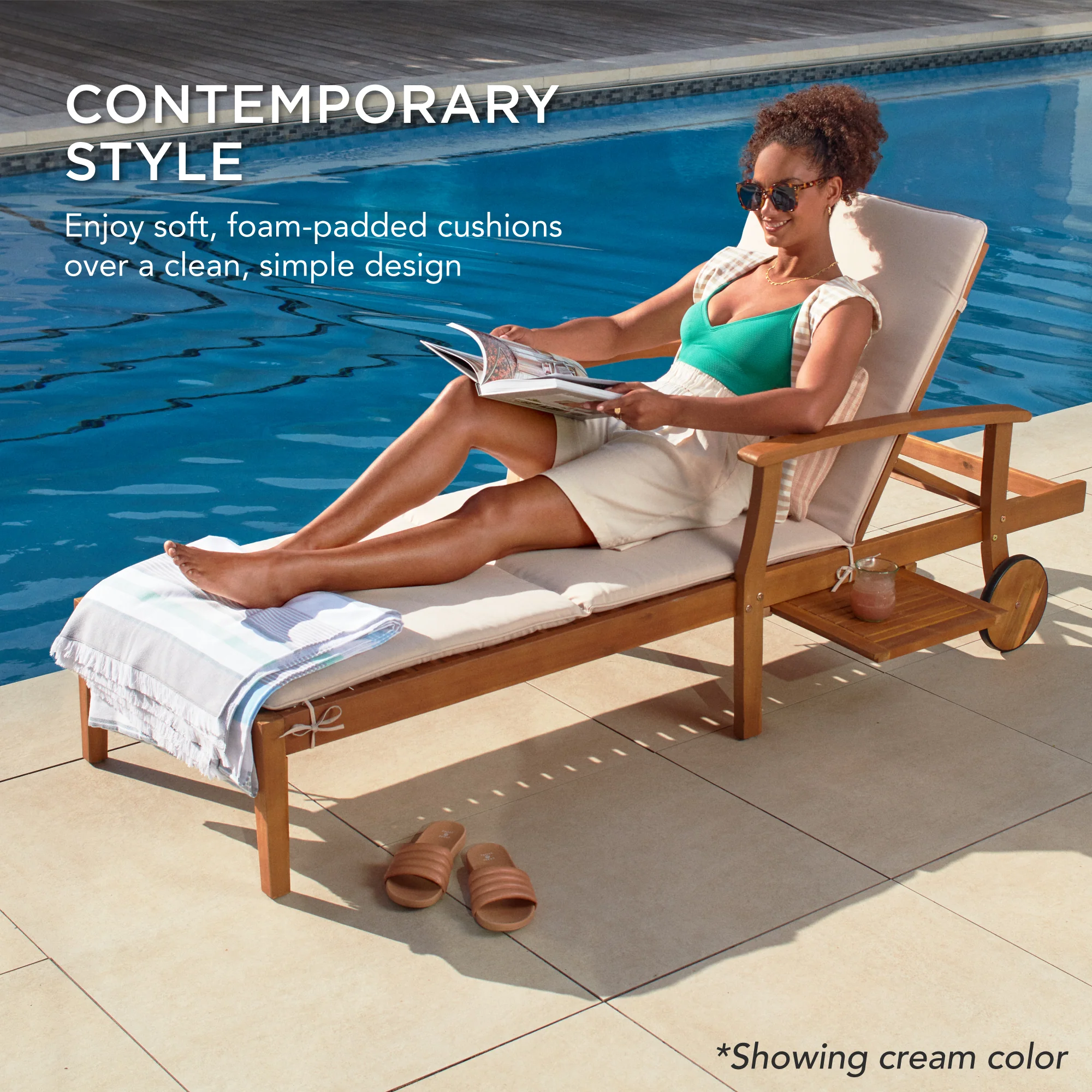 Adjustable Acacia Wood Chaise Lounge Chair w/ Side Table, Wheels - 79x26in - Image 16