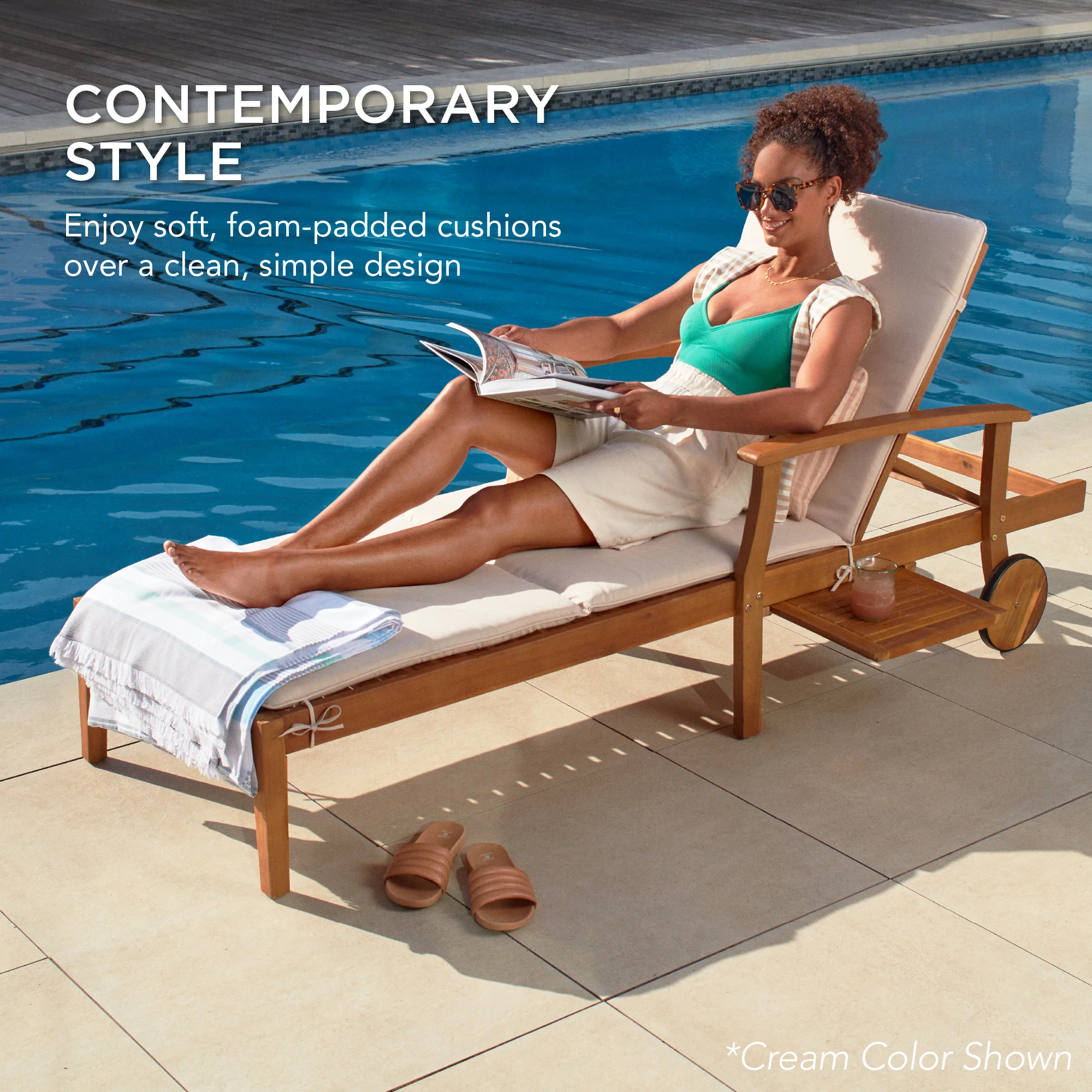 Adjustable Acacia Wood Chaise Lounge Chair w/ Side Table, Wheels - 79x26in - Image 23