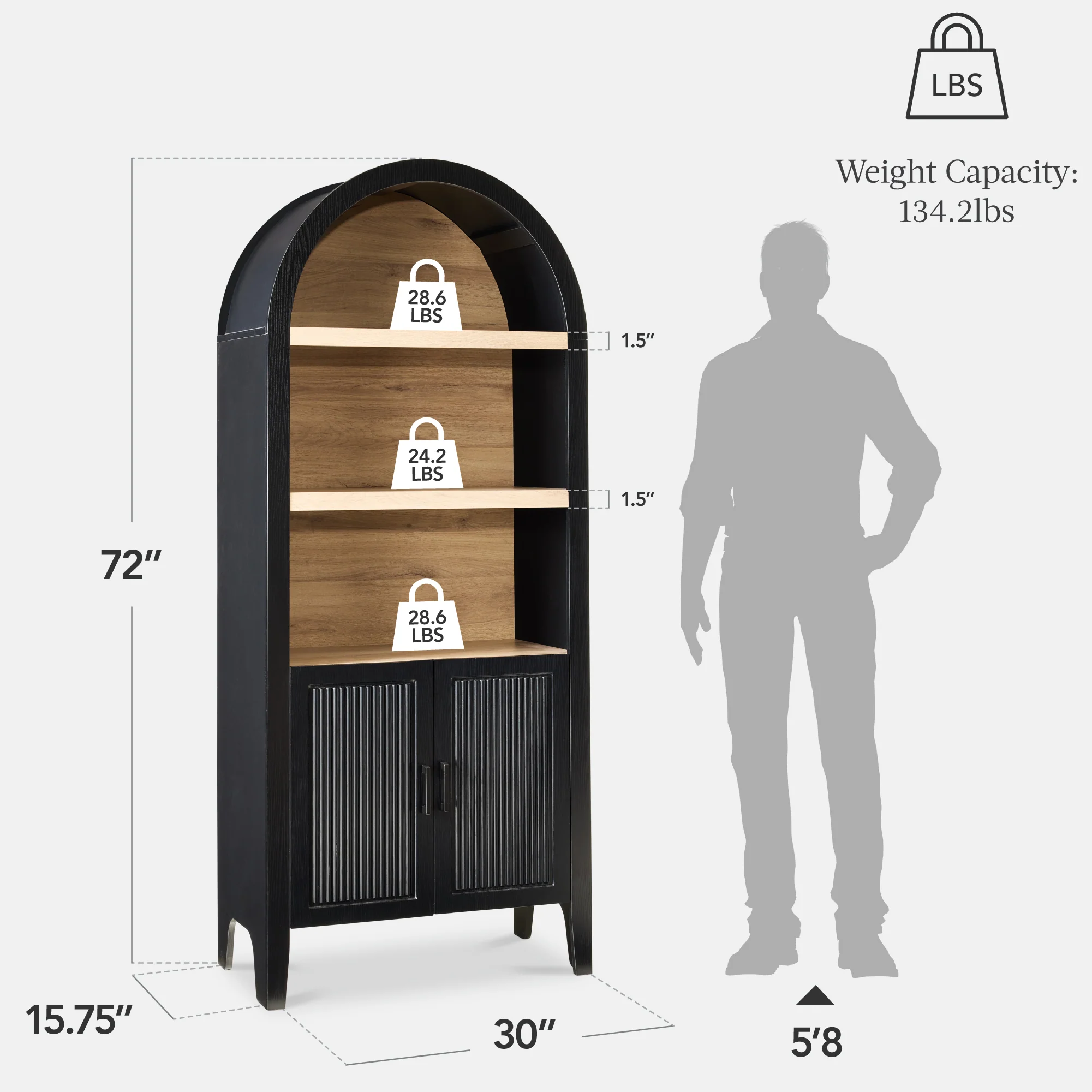 72" Tall Arched Pantry Cabinet w/ Doors, 5-Tier Storage Cabinet w/ Shelves - Image 2