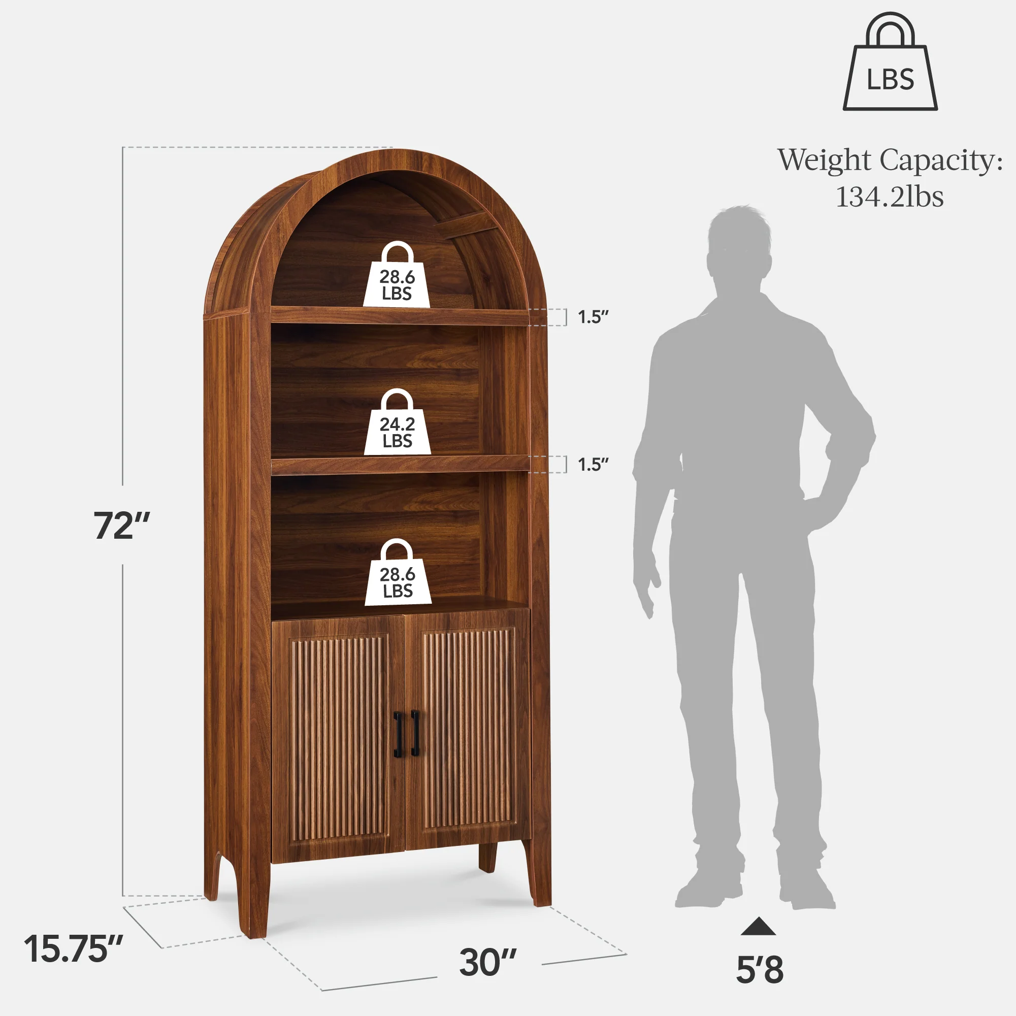 72" Tall Arched Pantry Cabinet w/ Doors, 5-Tier Storage Cabinet w/ Shelves - Image 20