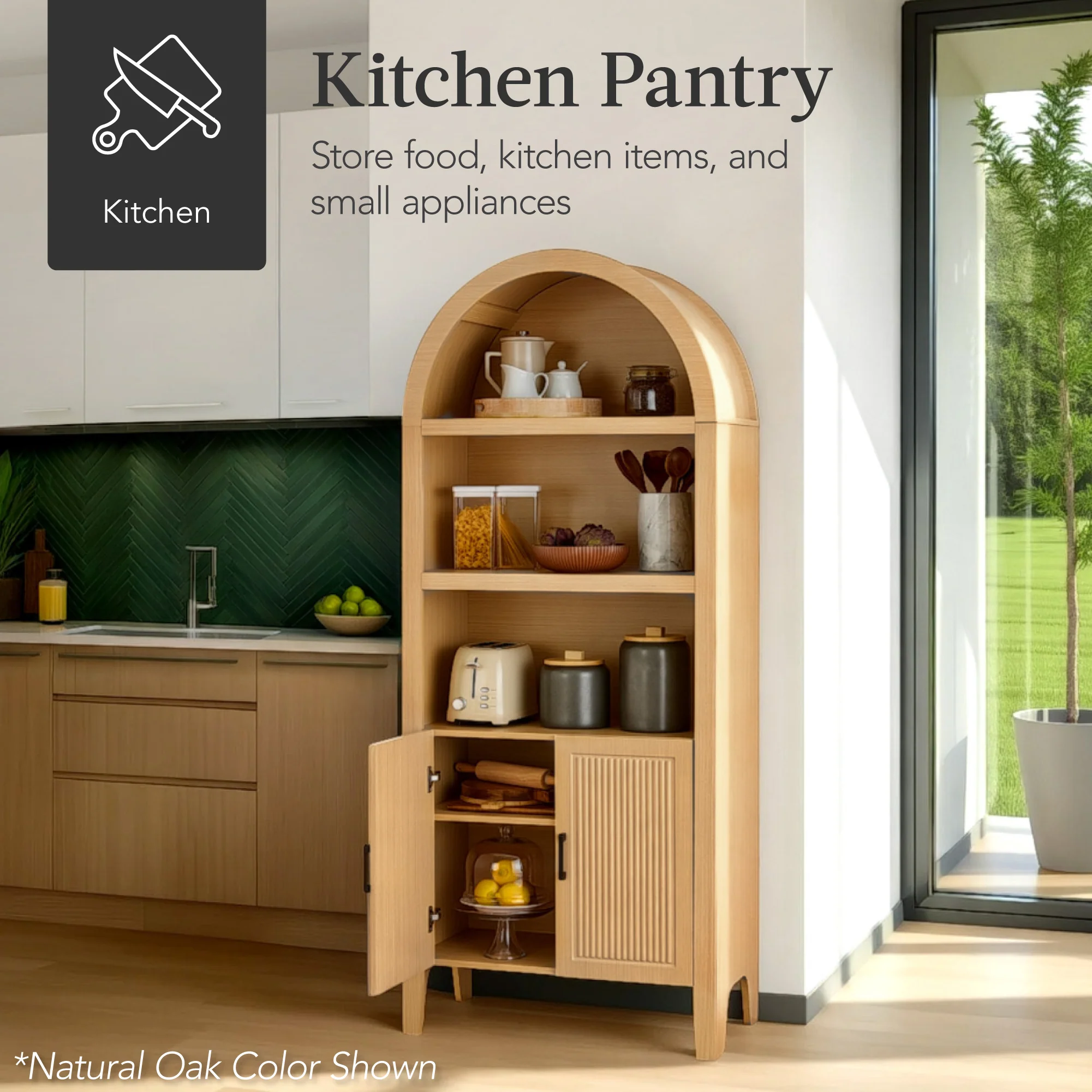 72" Tall Arched Pantry Cabinet w/ Doors, 5-Tier Storage Cabinet w/ Shelves - Image 31
