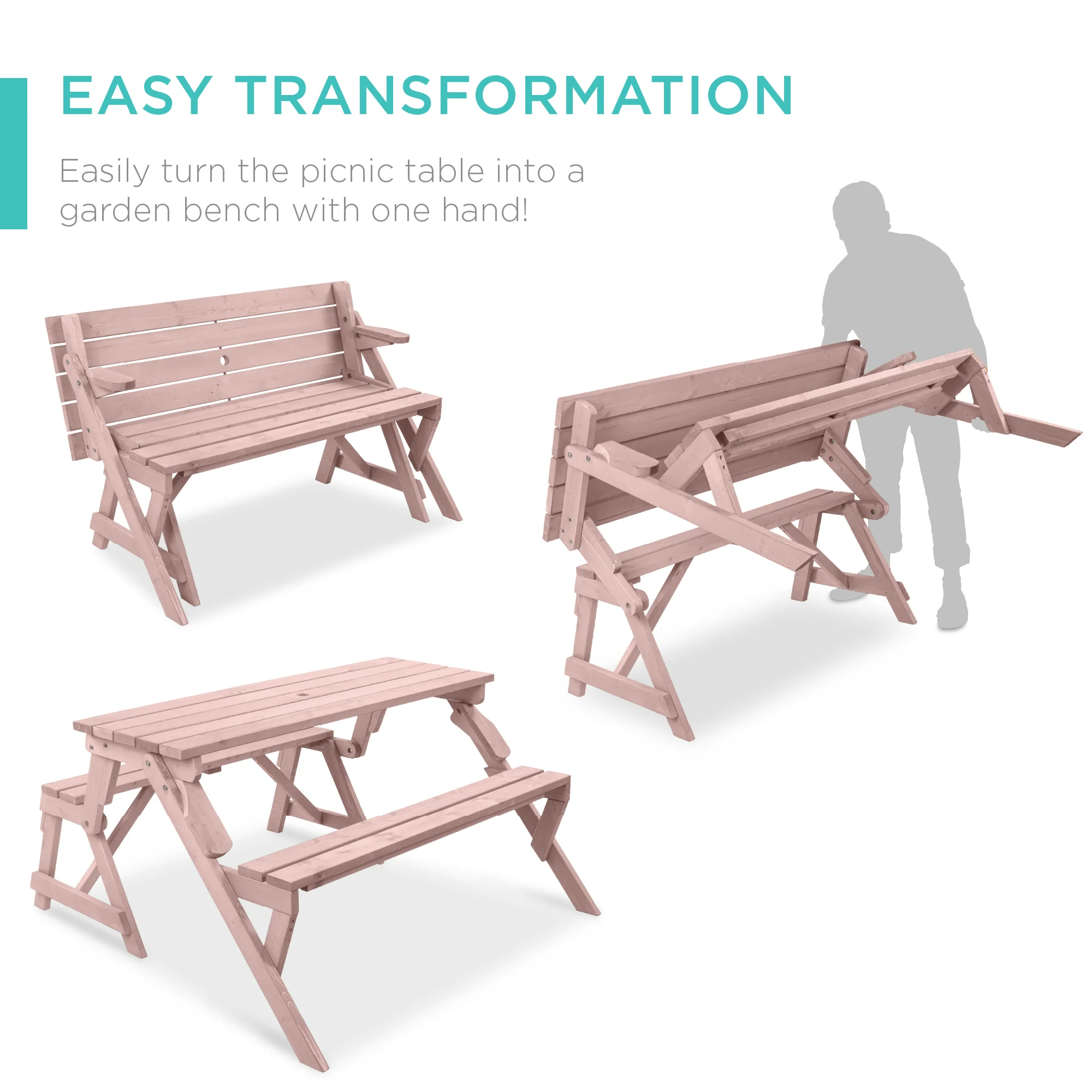 2-in-1 Outdoor Interchangeable Wooden Picnic Table/Garden Bench - Image 16