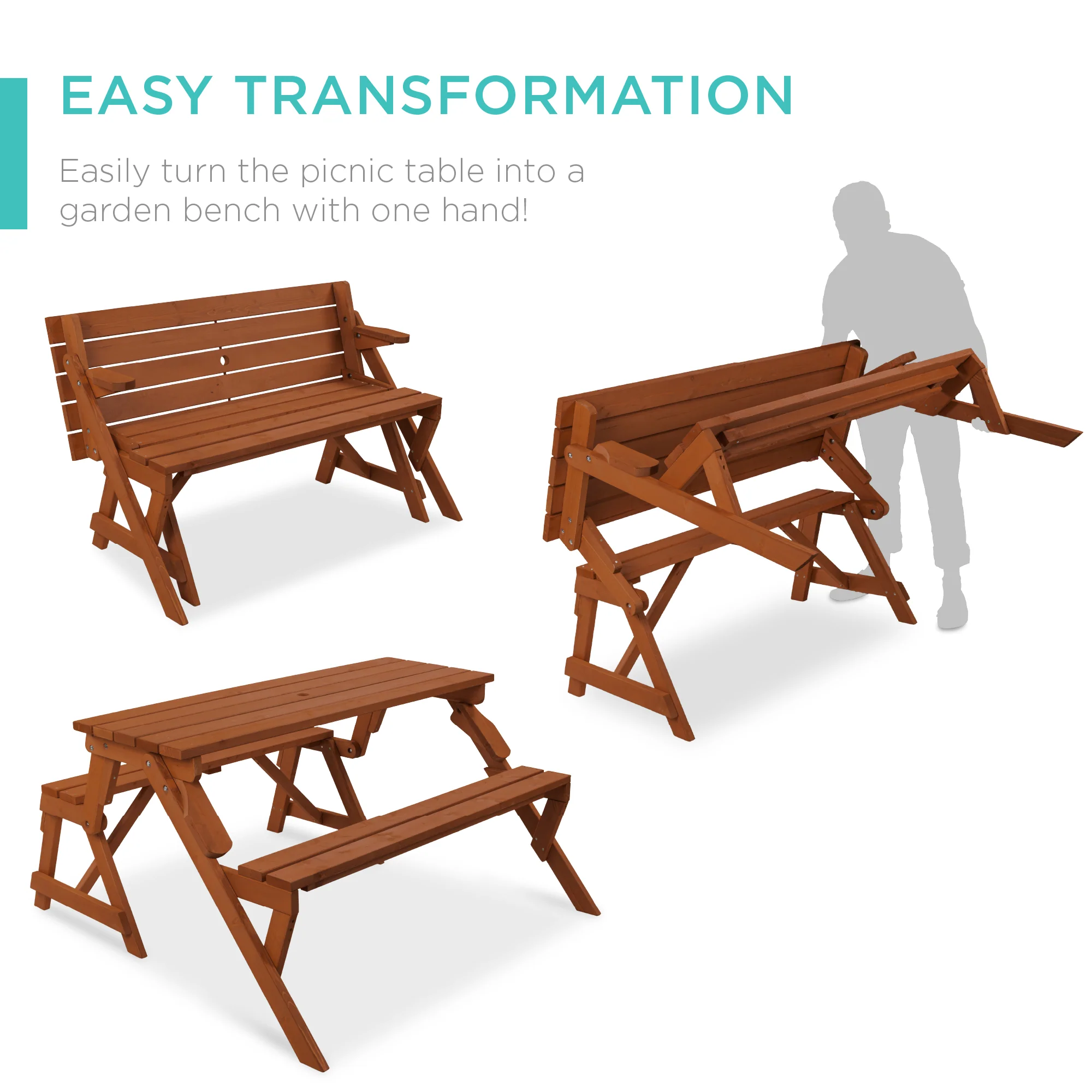 2-in-1 Outdoor Interchangeable Wooden Picnic Table/Garden Bench - Image 23