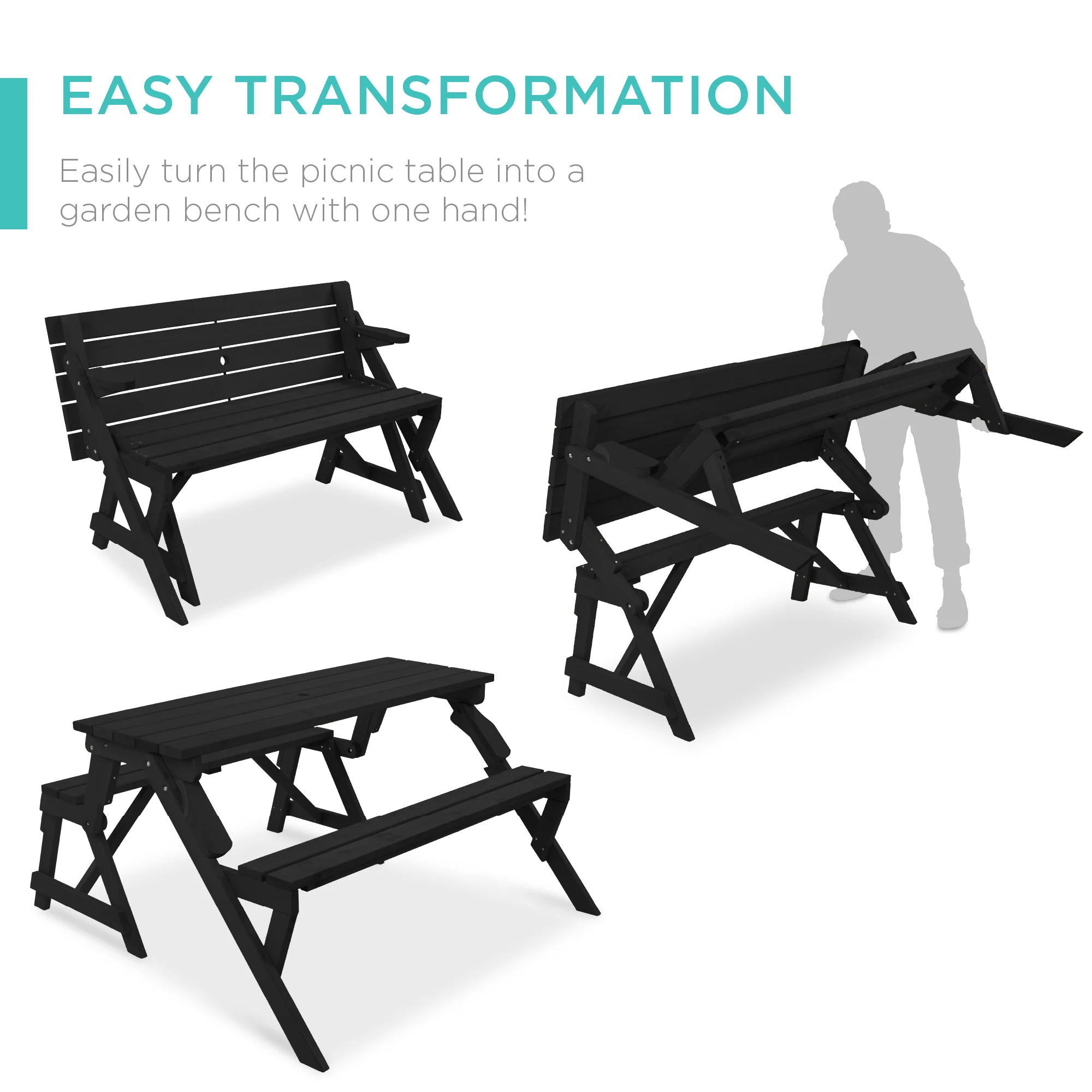 2-in-1 Outdoor Interchangeable Wooden Picnic Table/Garden Bench - Image 30