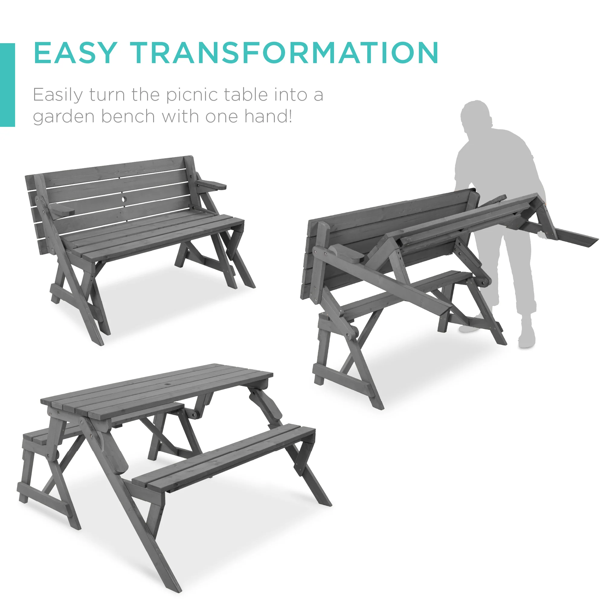 2-in-1 Outdoor Interchangeable Wooden Picnic Table/Garden Bench - Image 37