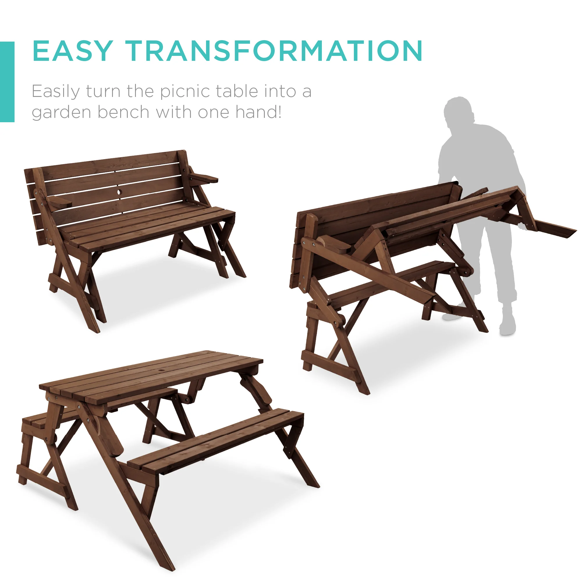 2-in-1 Outdoor Interchangeable Wooden Picnic Table/Garden Bench - Image 44