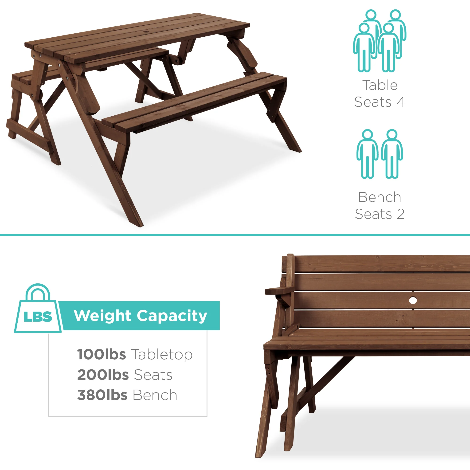 2-in-1 Outdoor Interchangeable Wooden Picnic Table/Garden Bench - Image 48