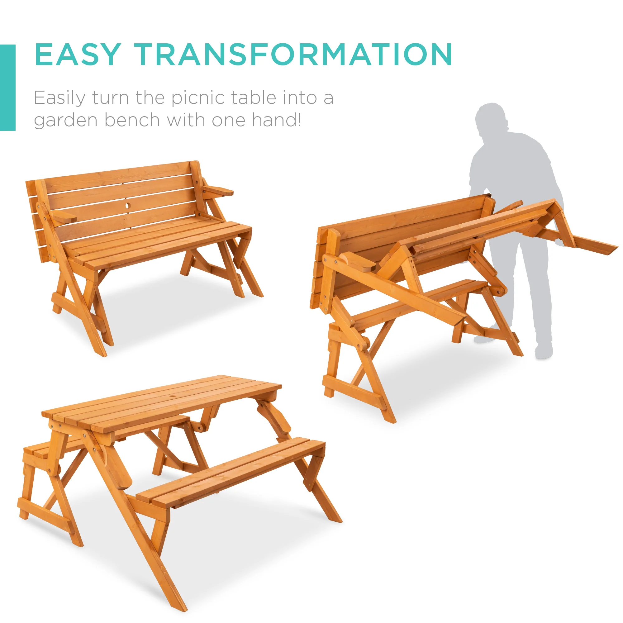 2-in-1 Outdoor Interchangeable Wooden Picnic Table/Garden Bench - Image 9