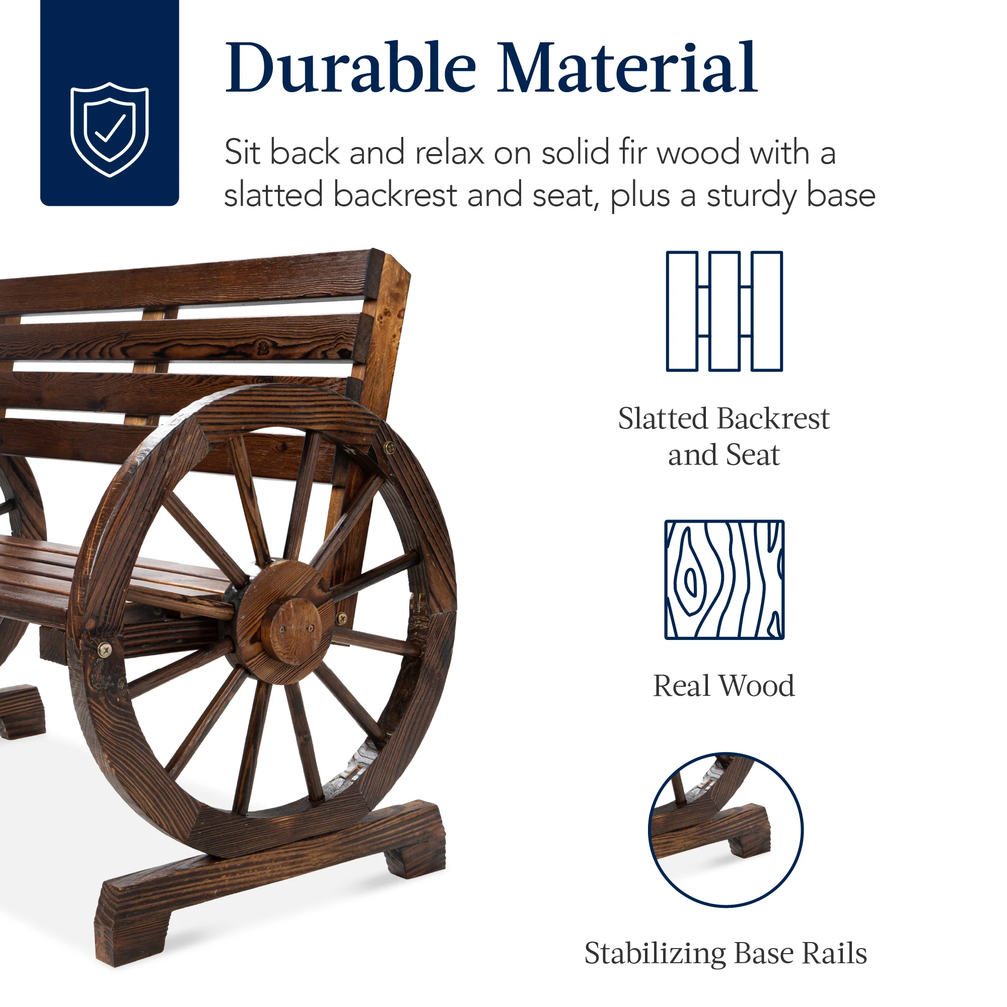 2-Person Rustic Wooden Wagon Wheel Bench w/ Slatted Seat and Backrest - Image 10