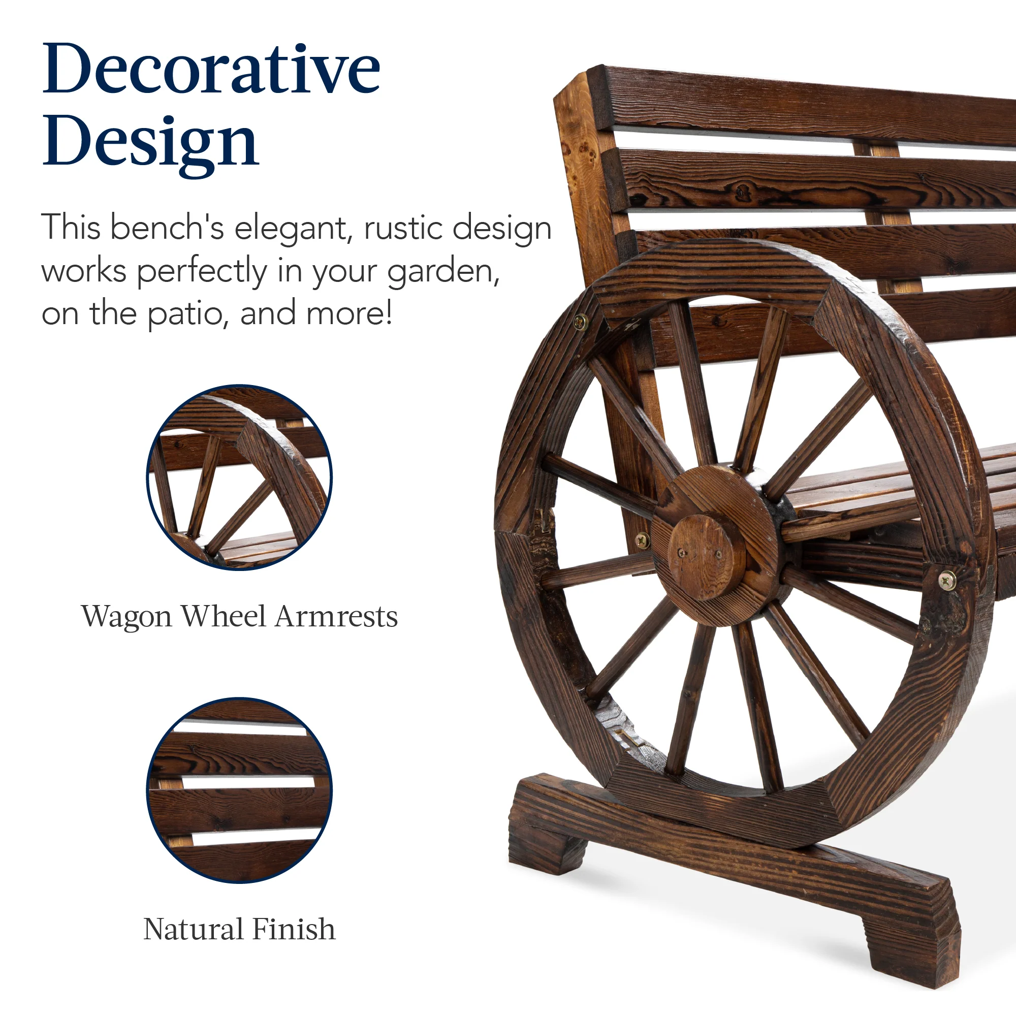 2-Person Rustic Wooden Wagon Wheel Bench w/ Slatted Seat and Backrest - Image 13