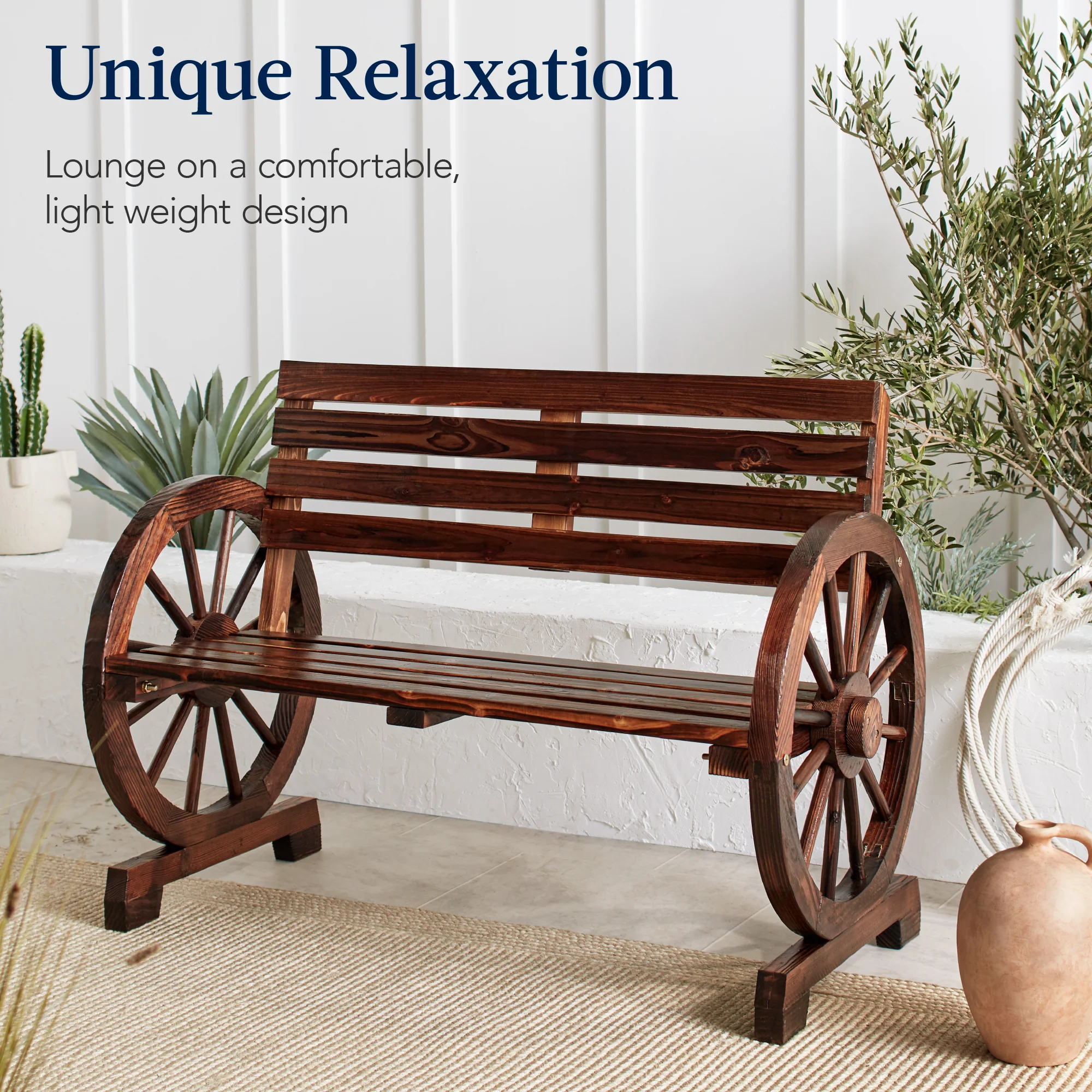2-Person Rustic Wooden Wagon Wheel Bench w/ Slatted Seat and Backrest - Image 14