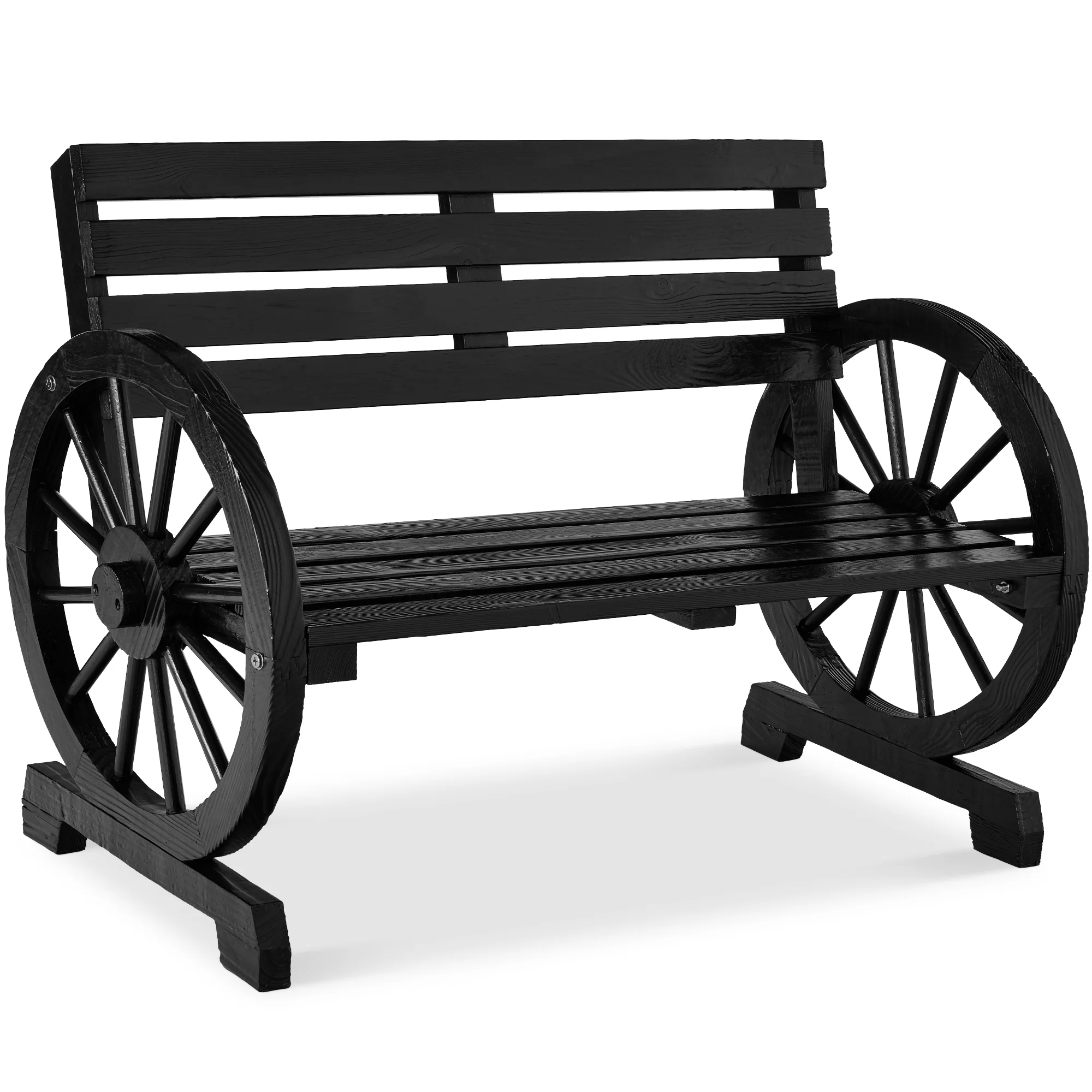2-Person Rustic Wooden Wagon Wheel Bench w/ Slatted Seat and Backrest - Image 15