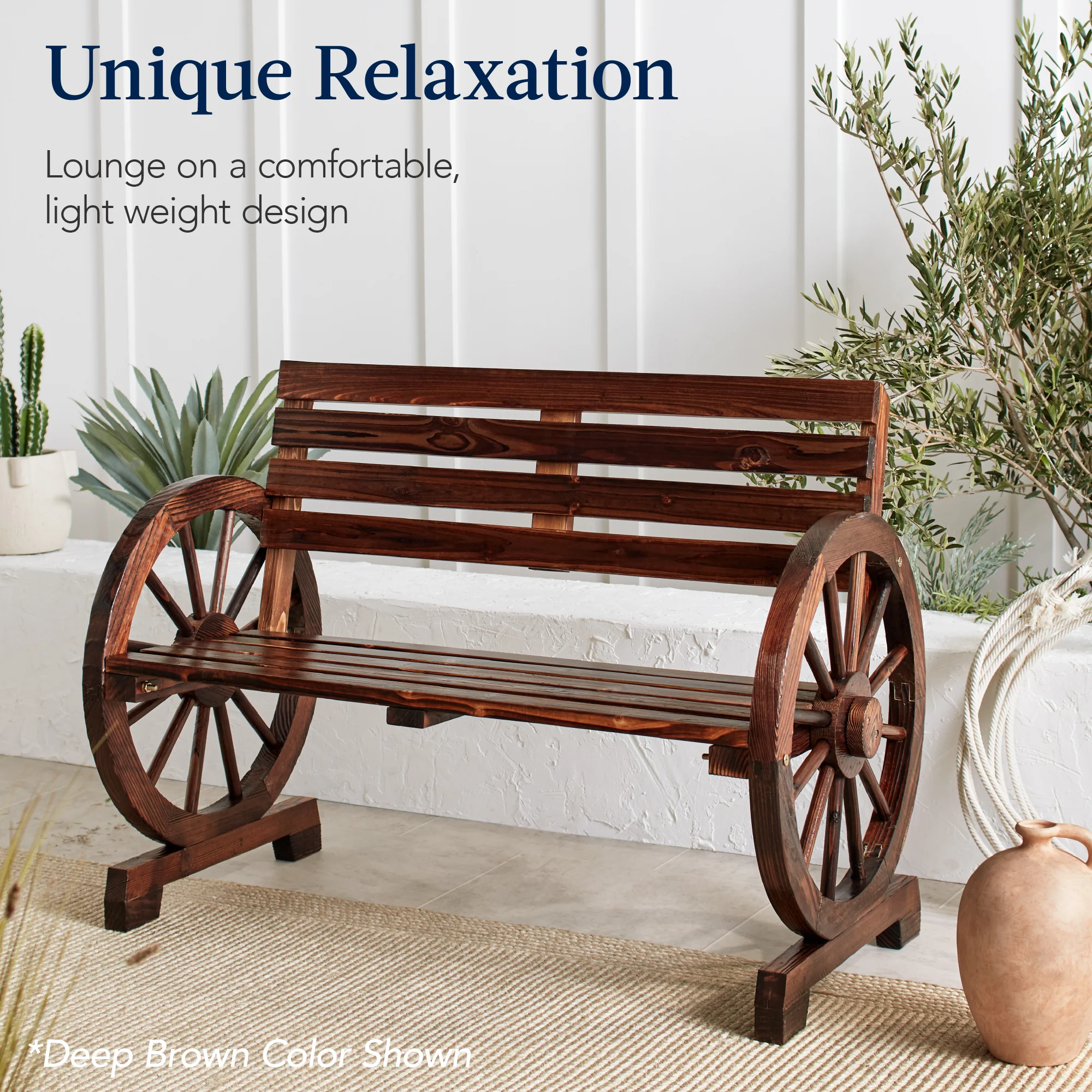 2-Person Rustic Wooden Wagon Wheel Bench w/ Slatted Seat and Backrest - Image 21