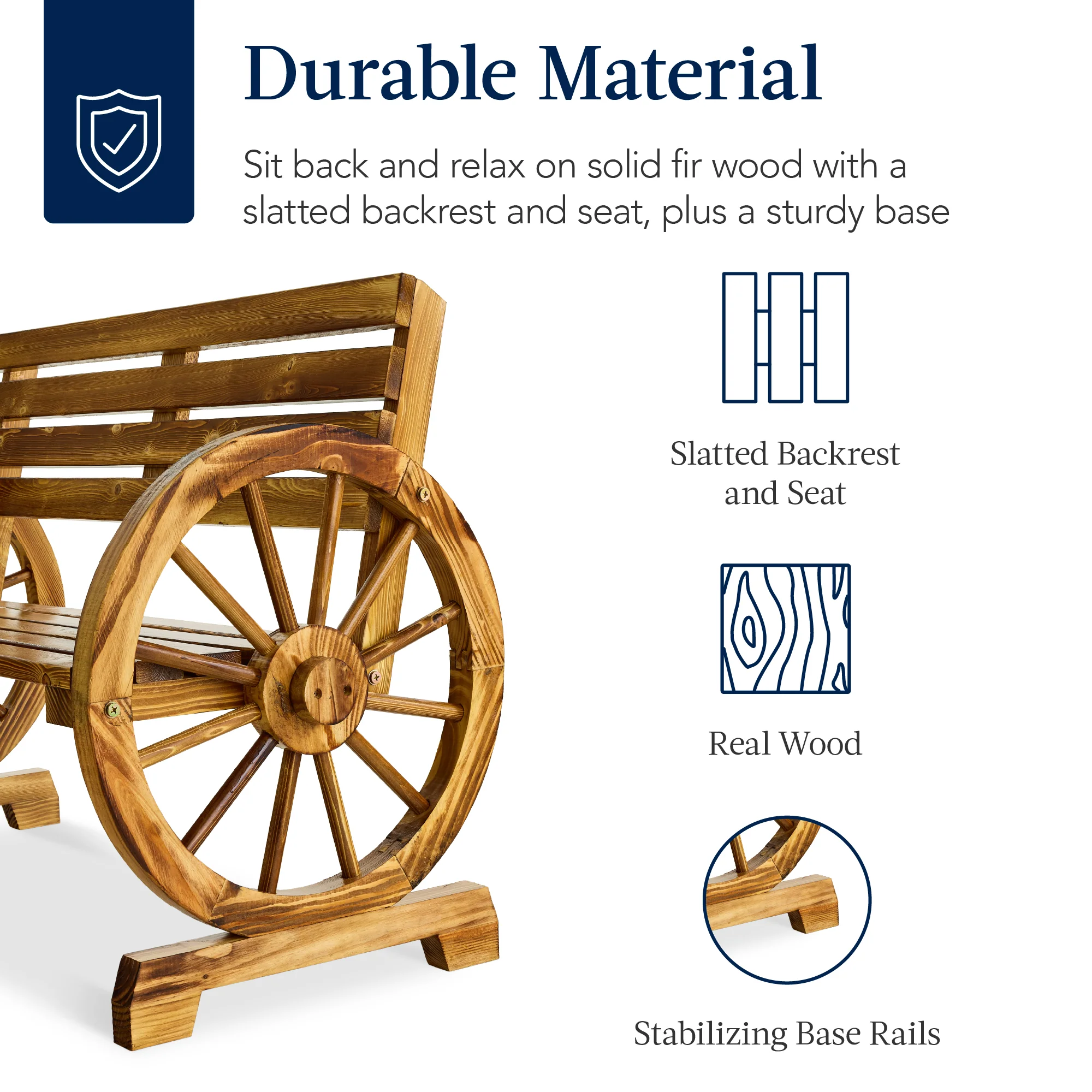 2-Person Rustic Wooden Wagon Wheel Bench w/ Slatted Seat and Backrest - Image 3
