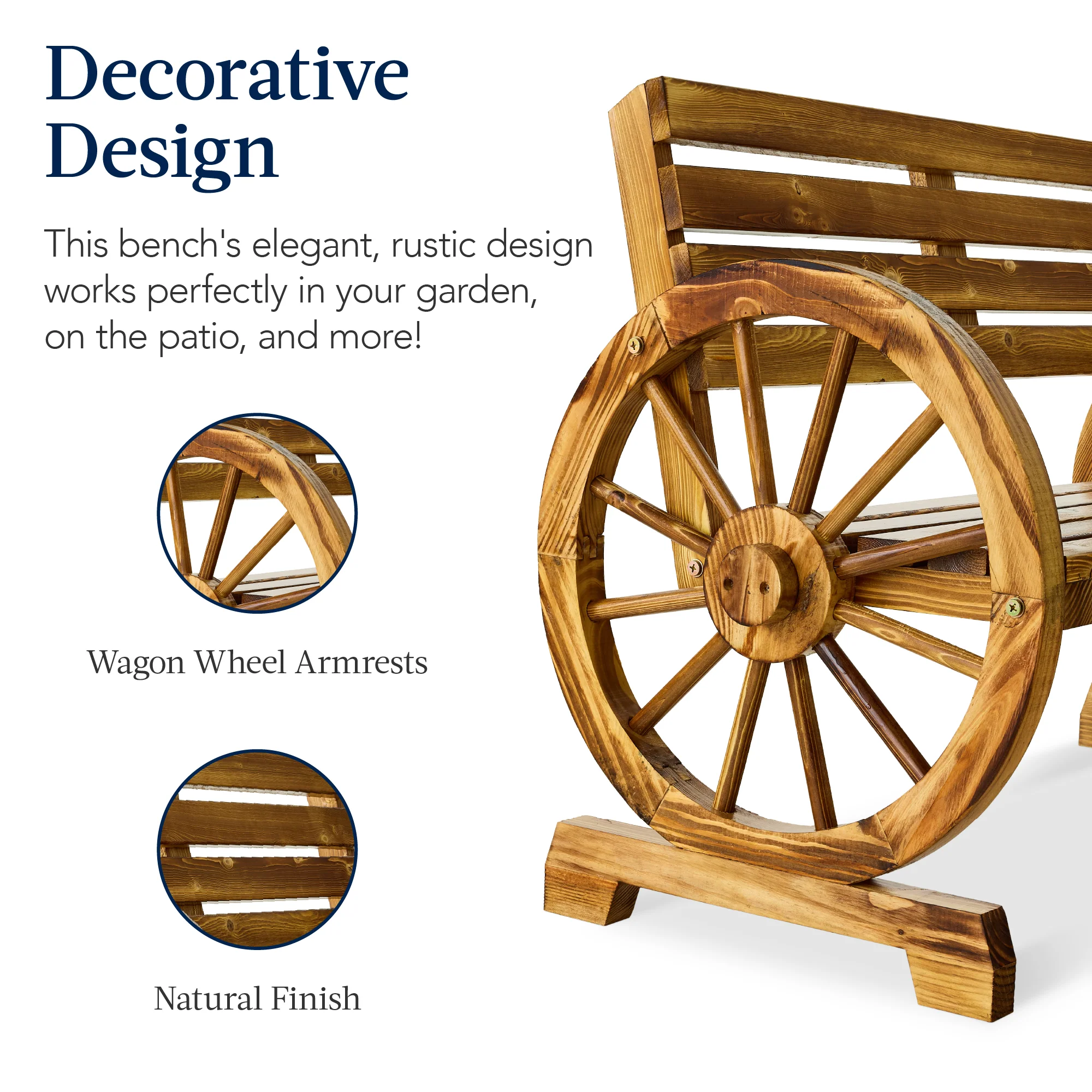 2-Person Rustic Wooden Wagon Wheel Bench w/ Slatted Seat and Backrest - Image 6