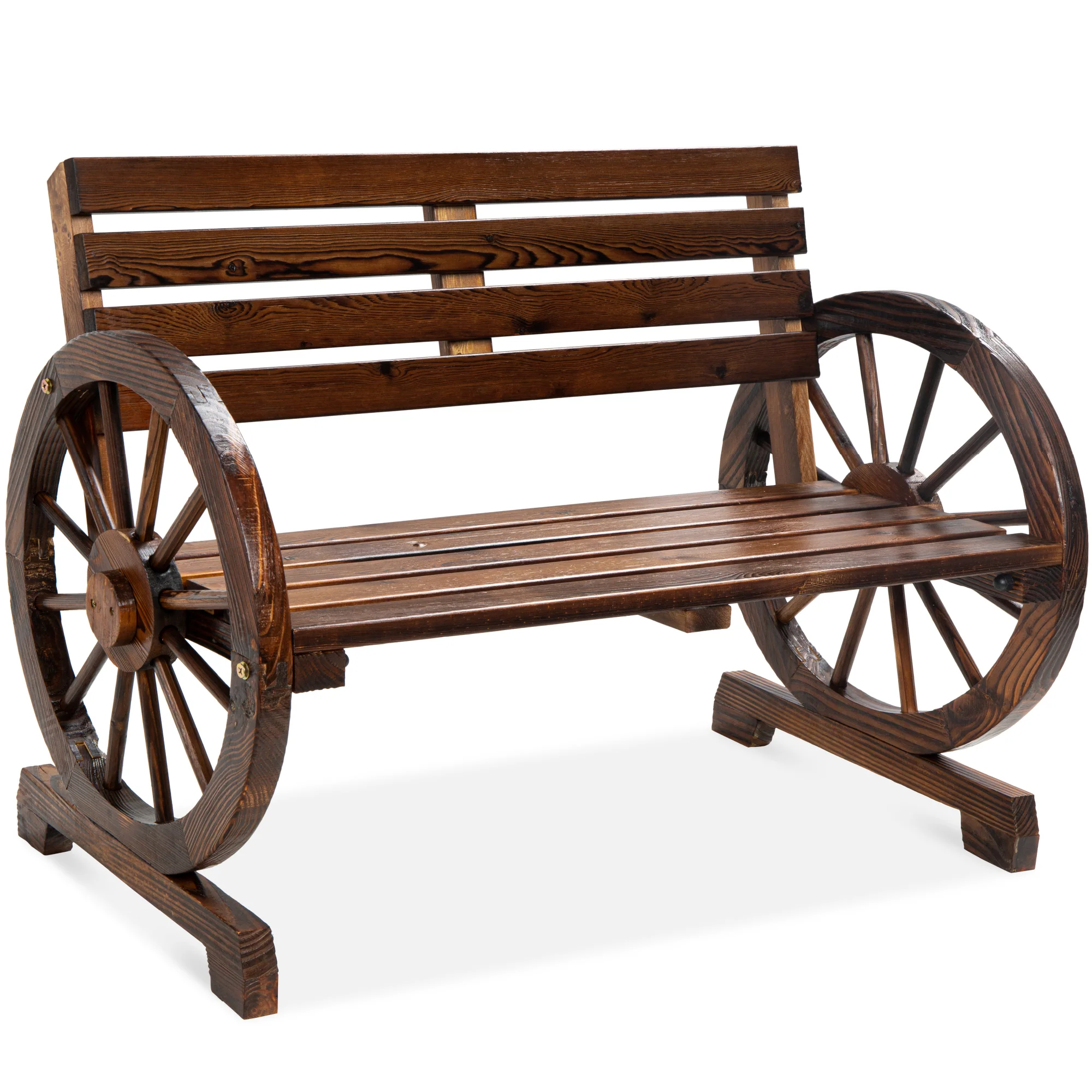 2-Person Rustic Wooden Wagon Wheel Bench w/ Slatted Seat and Backrest - Image 8