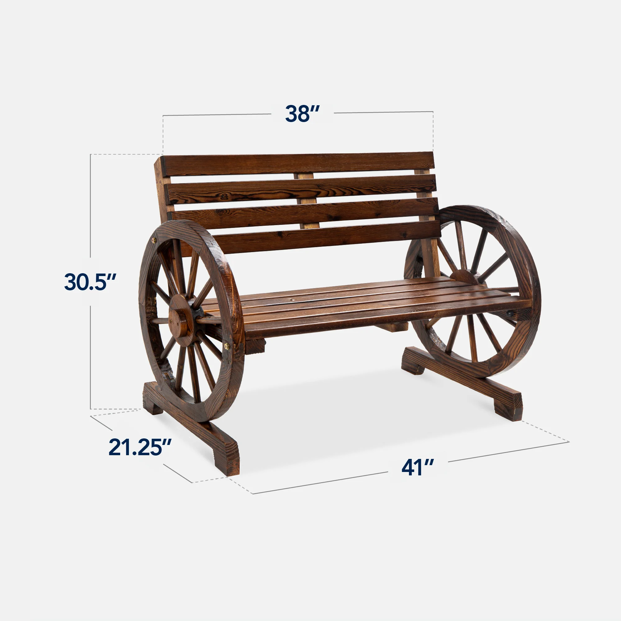 2-Person Rustic Wooden Wagon Wheel Bench w/ Slatted Seat and Backrest - Image 9