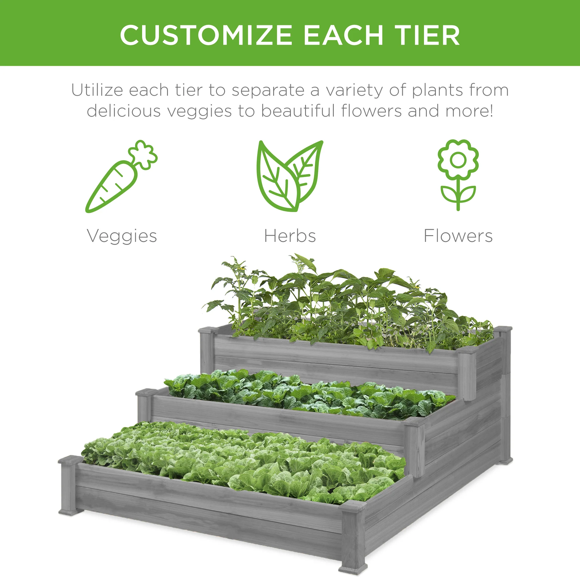 3-Tier Raised Fir Wood Garden Bed Planter w/ Stackable & Flat Setup - Image 9