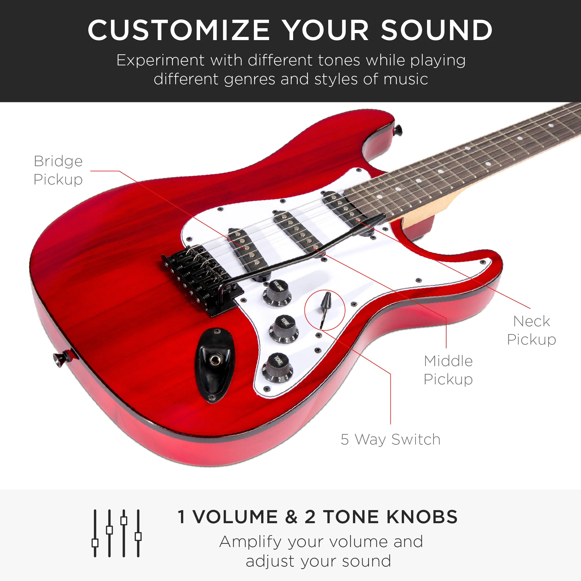 Beginner Electric Guitar Kit w/ Case, 10W Amp, Tremolo Bar - 39in - Image 26