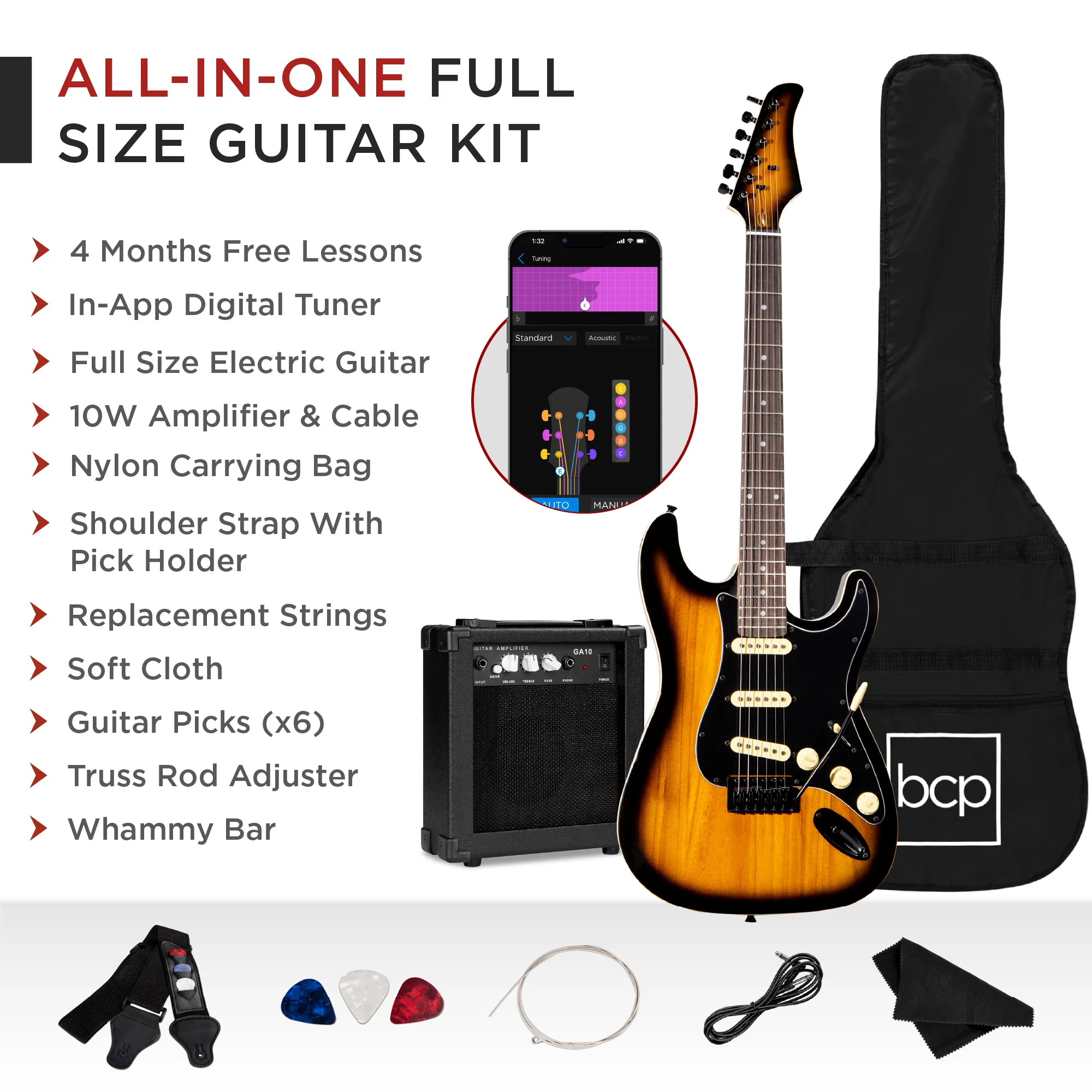 Beginner Electric Guitar Kit w/ Case, 10W Amp, Tremolo Bar - 39in - Image 31