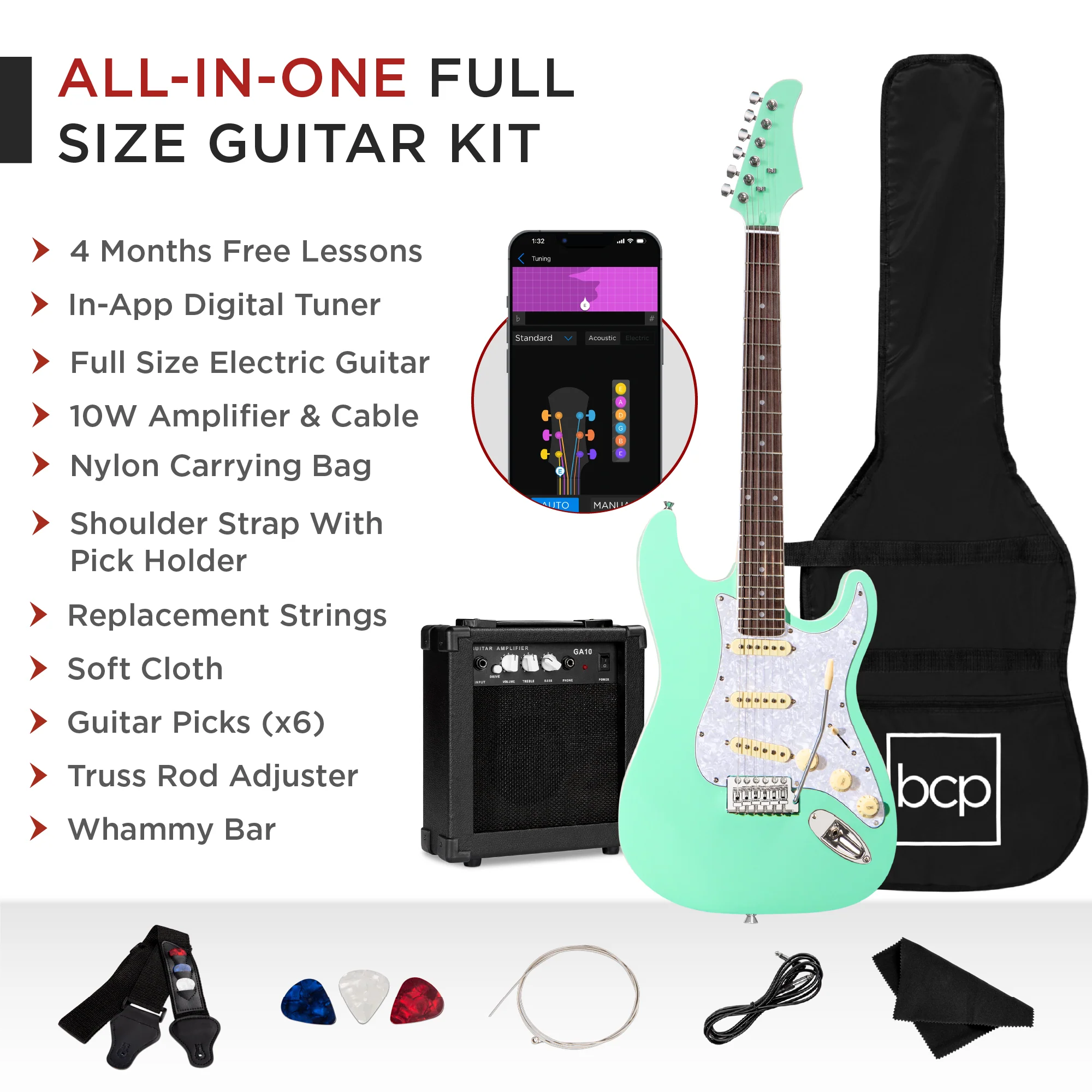 Beginner Electric Guitar Kit w/ Case, 10W Amp, Tremolo Bar - 39in - Image 38