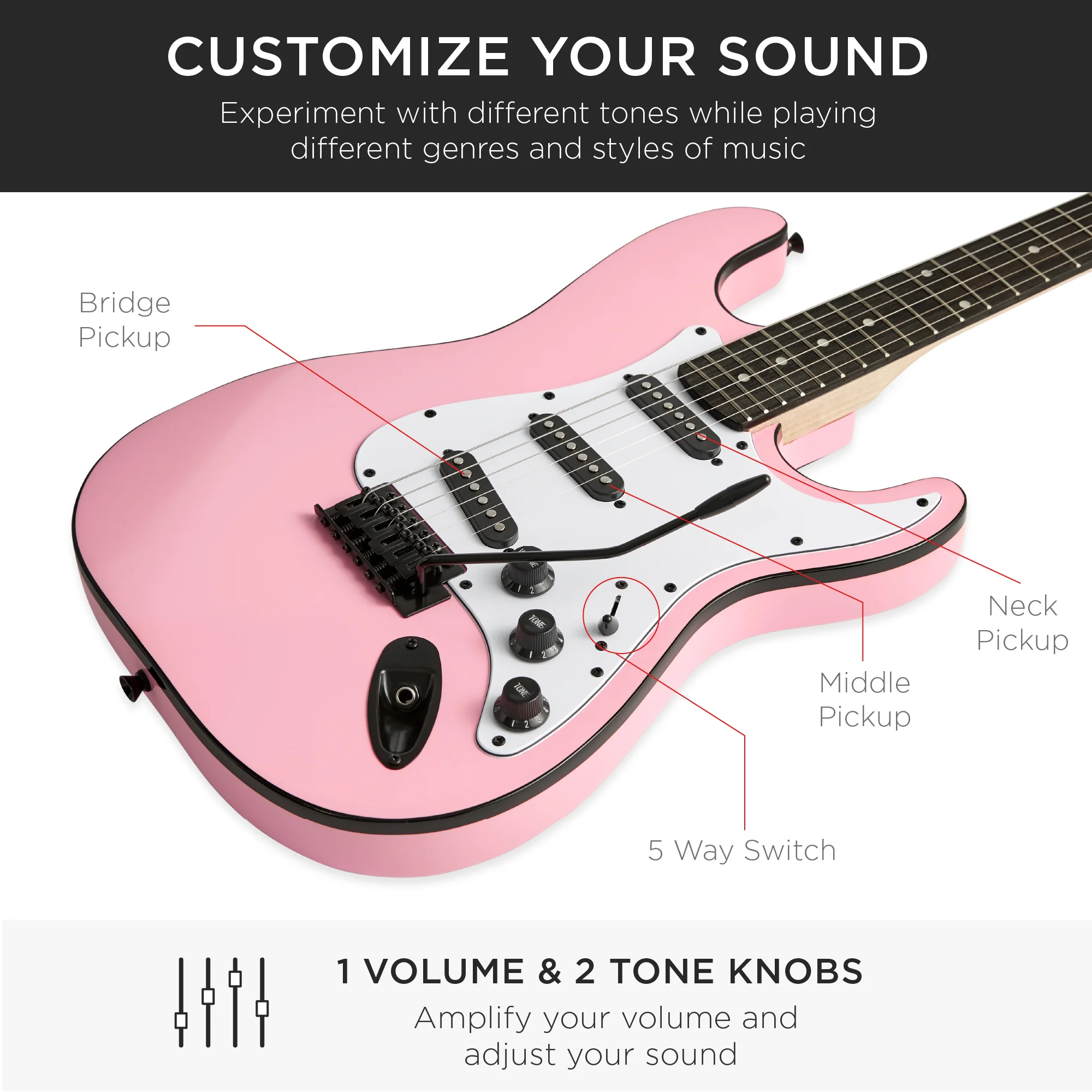 Beginner Electric Guitar Kit w/ Case, 10W Amp, Tremolo Bar - 39in - Image 5