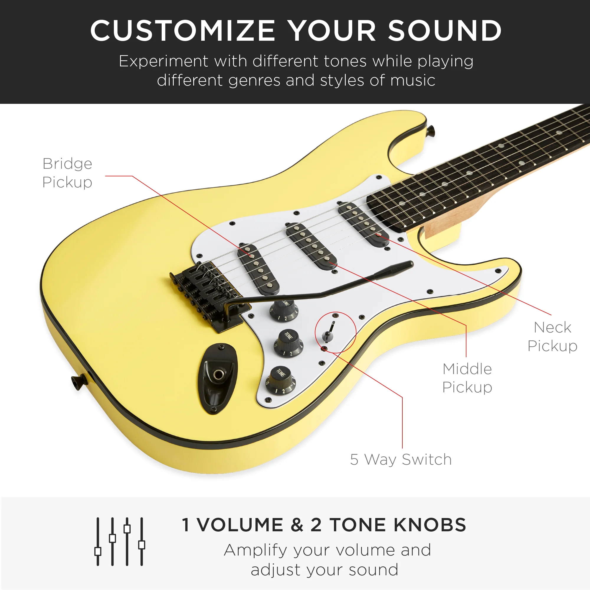 Beginner Electric Guitar Kit w/ Case, 10W Amp, Tremolo Bar - 39in - Image 54