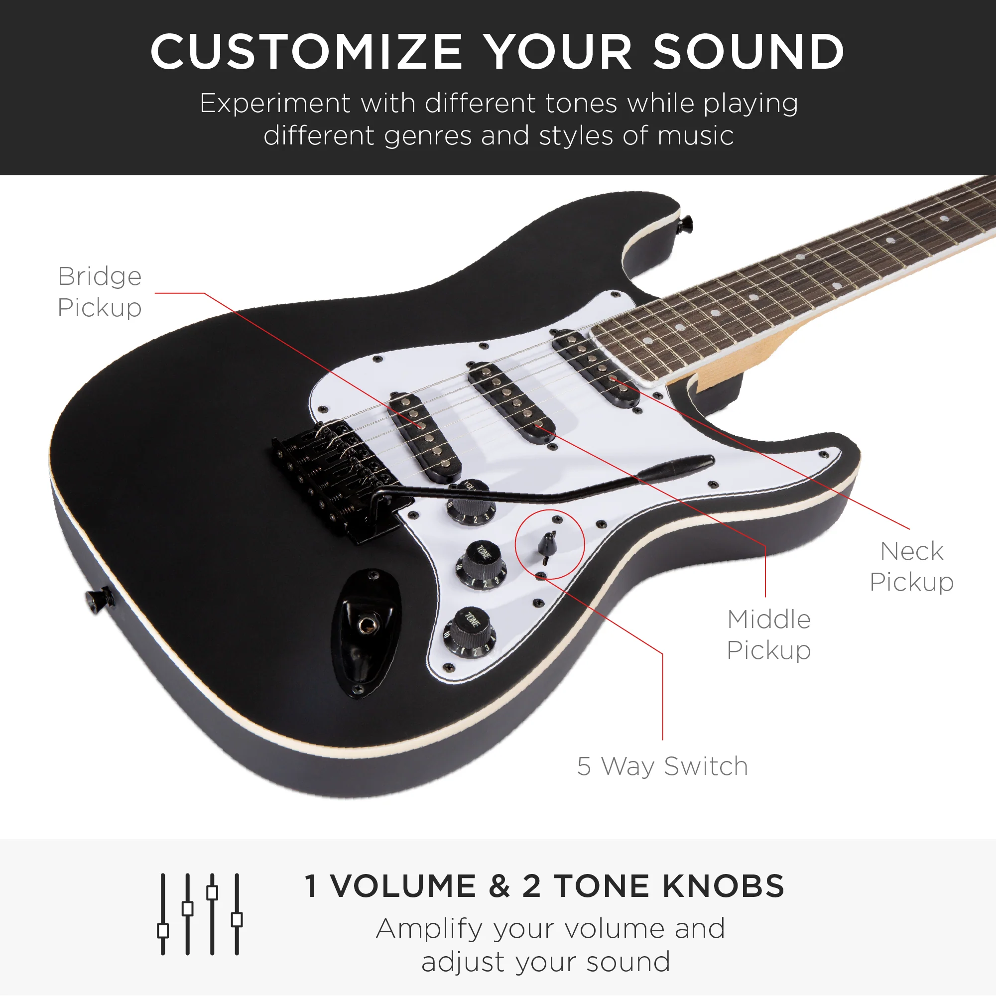 Beginner Electric Guitar Kit w/ Case, 10W Amp, Tremolo Bar - 39in - Image 61