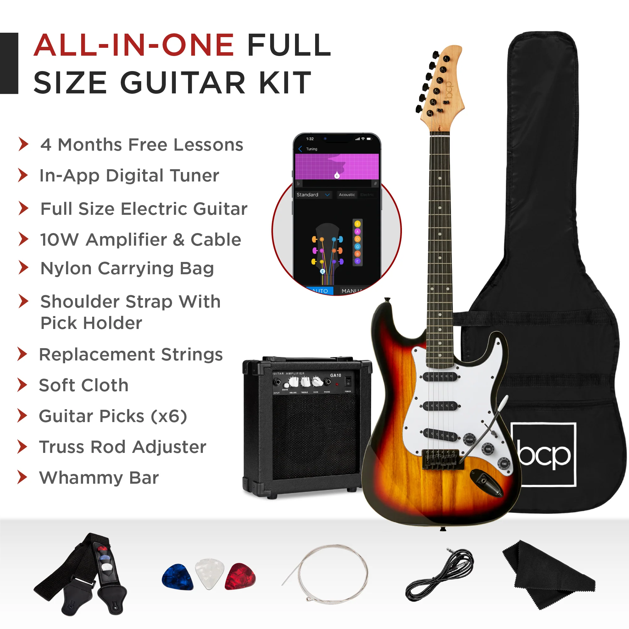 Beginner Electric Guitar Kit w/ Case, 10W Amp, Tremolo Bar - 39in - Image 73
