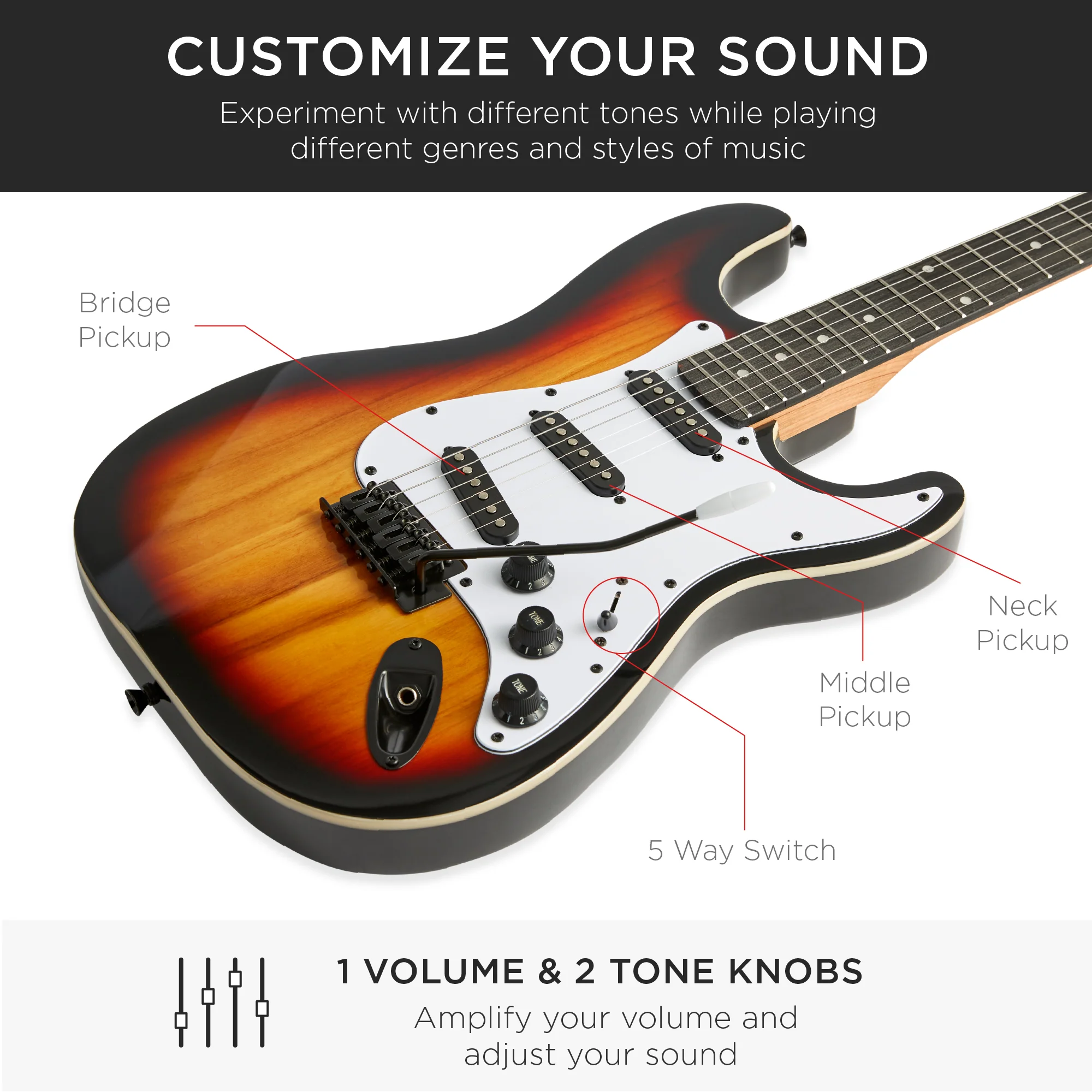 Beginner Electric Guitar Kit w/ Case, 10W Amp, Tremolo Bar - 39in - Image 75