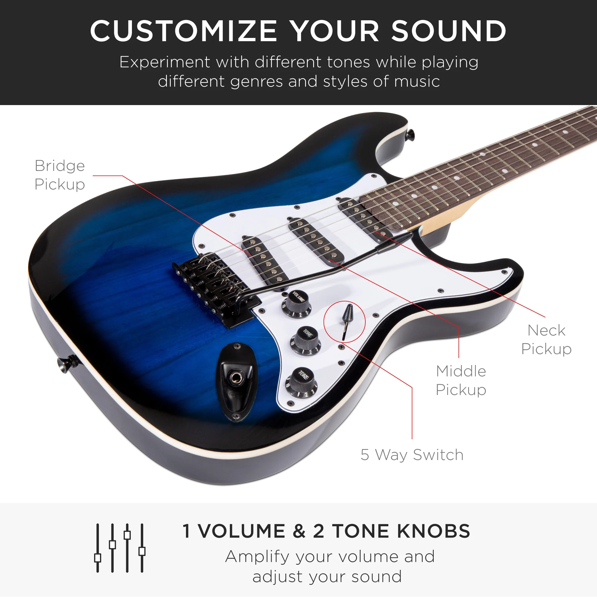 Beginner Electric Guitar Kit w/ Case, 10W Amp, Tremolo Bar - 39in - Image 82